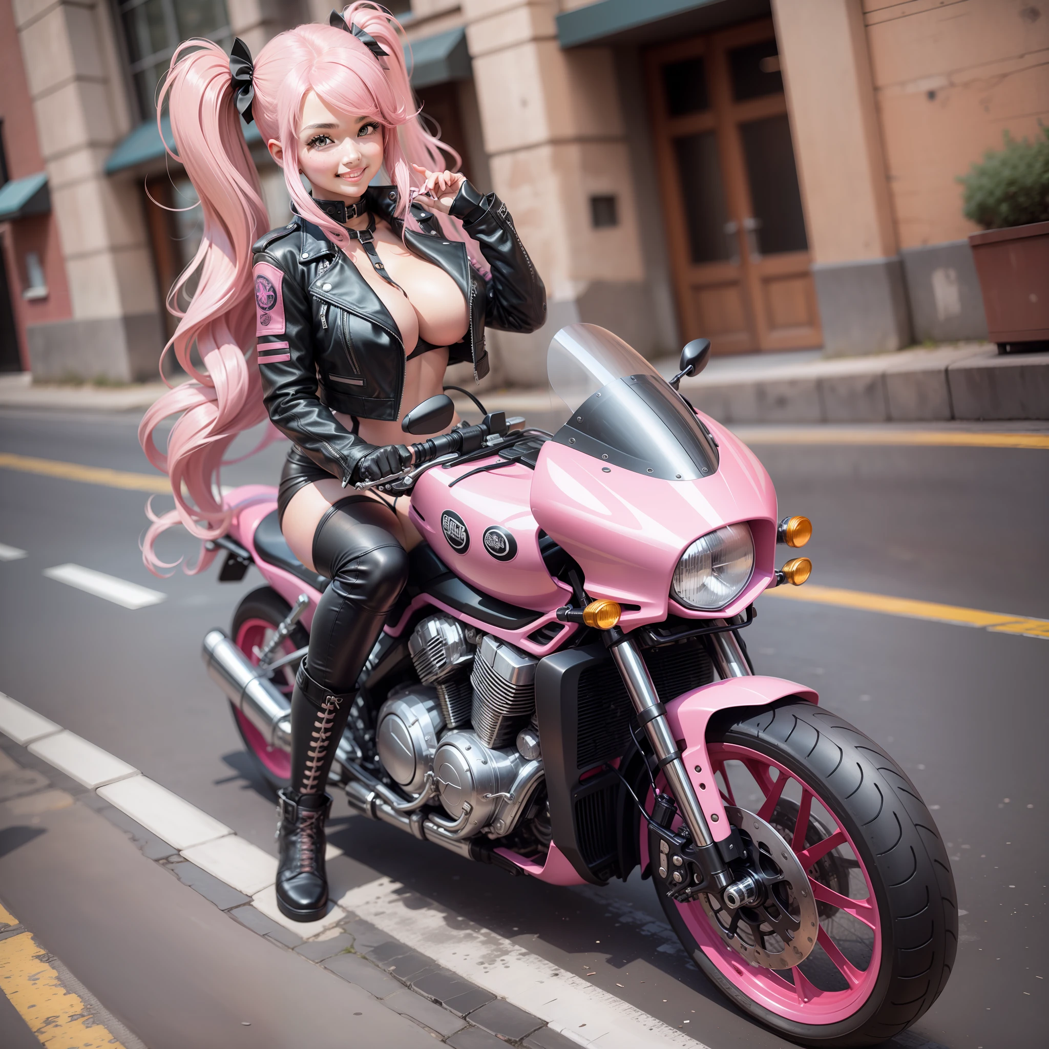 Leather jacket Girl Bike Long Hair Twin Tails Smile Beauty Big Tits Best Quality Masterpiece Beauty Big Tits Pink Hair