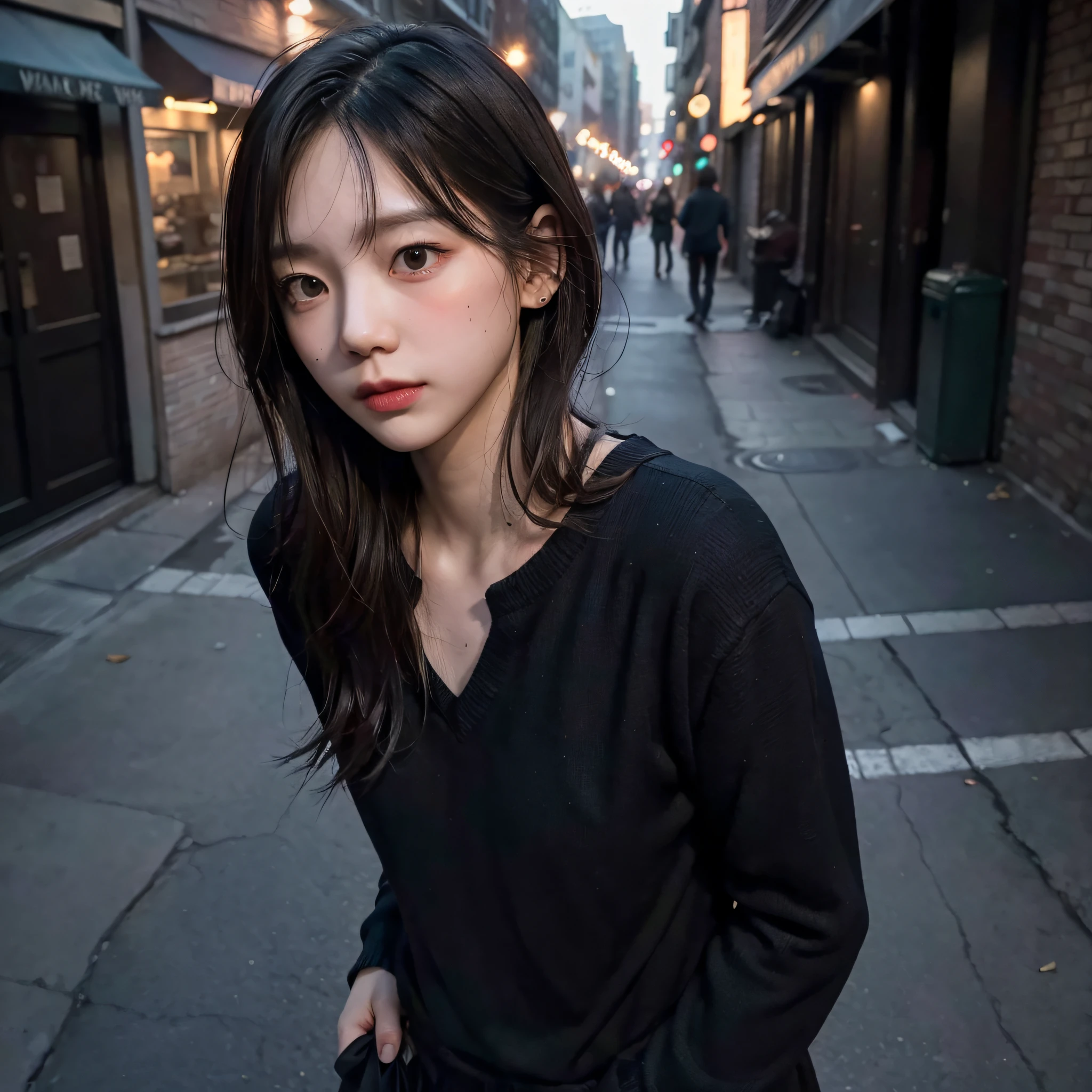 (delicate and moody), lone figure, (dynamic pose, dynamic angle), (one girl:1.2), drunk face, blushing, messy clothes:1.2, messy hair:1.2, (intoxicated:1.3), (night scene, sidewalk), (subtle lighting, dark shadows), (wasted:1.2), urban scenery.