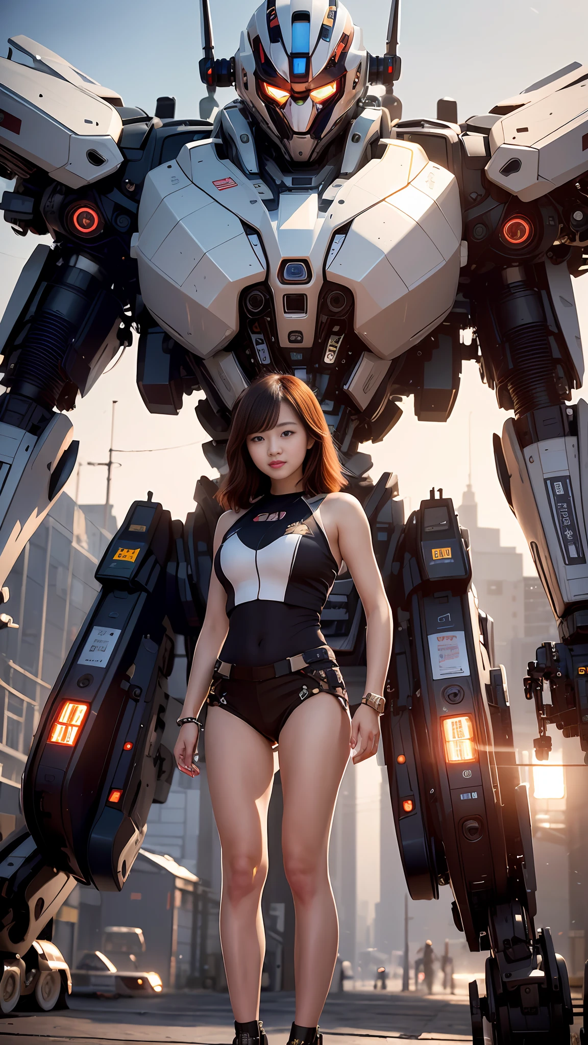 ((masterpiece, best quality)),illustration,ultra detailed 8k,photorealistic,sharp focus,highly detailed,professional lighting,colorful details,iridescent colors BREAK extreme long shot of a factory,large mechanical robot construction,microchip,computer,glowing,intricate details,shitu-mecha,1girl is standing in front of the audience,Navel,Mechanical Ji,