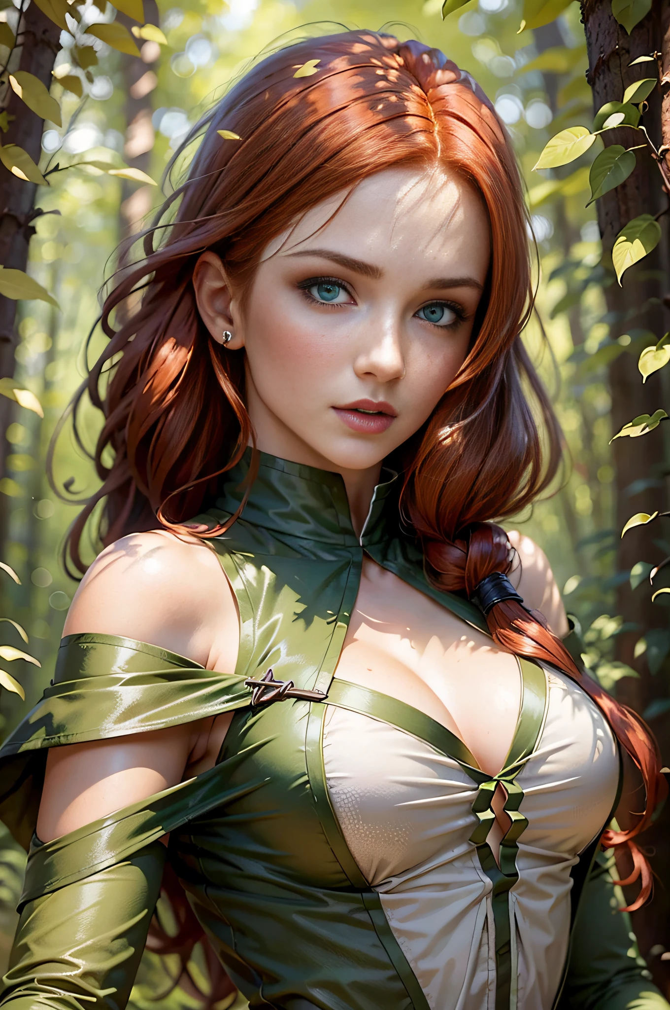 Best Quality, Masterpiece, (Realistic: 1.5), Red-haired Woman, Green Eyes, Archer, In the Forest, Shadows and Lights, Detailed Face, Beautiful Eyes, Uncovered Chest, Open Mouth, War Paintings, Love Gaze