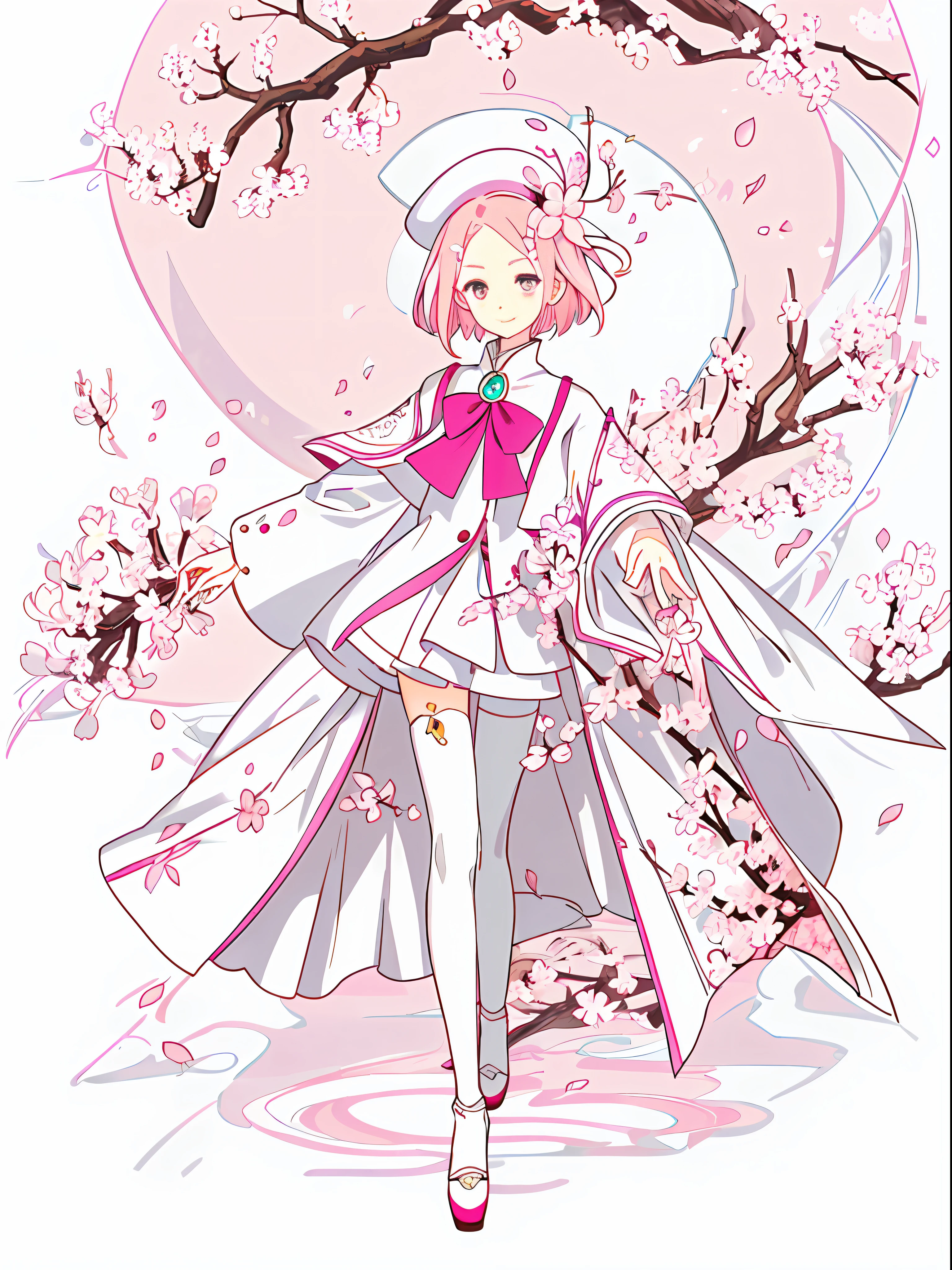 A girl, Ganluji honey glass, shy, nasty expression, (forehead display)), charming, sexy eyes, white coat, hokag hat, (cherry blossom treasure glow)), pink hair, delicate, young, short hair, detailed face, hd, full body, white siwa, trend from League of Legends, art station,