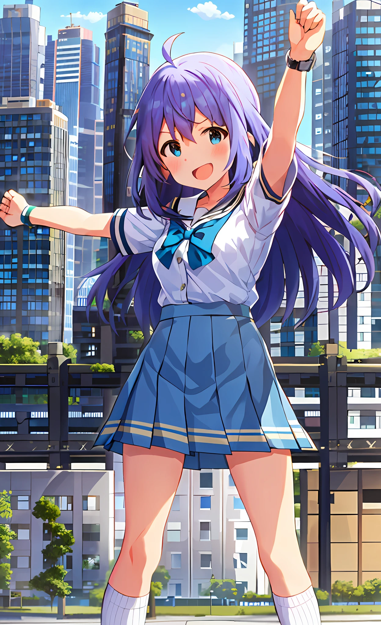 Anna Mochizuki (Million Live), Shiny Trinity \ (Costume), (Best Quality, 8K, Masterpiece, Super Detail: 1.2), Sea, Sun, Mottled Sunlight, Blue Sky, Beautiful Clouds, 1 Girl, Solo, Skirt, Smile, Open Mouth, V, Watch Viewer, White Sailor Color, Blue Shirt, Sailor Color, Blue Skirt, Pleated Skirt, Short Sleeve, :d, Shirt, School Uniform, Blush, Serafuk, Clavicle, bow, ribbon, blue bow. (((Outside))). (((fighting stance))).,((((Giantization))).dynamic focus.small breasts. (((skyscrapers))). (((Cityscape))). (((Face of sadness))). Open mouth. Spread your arms.
