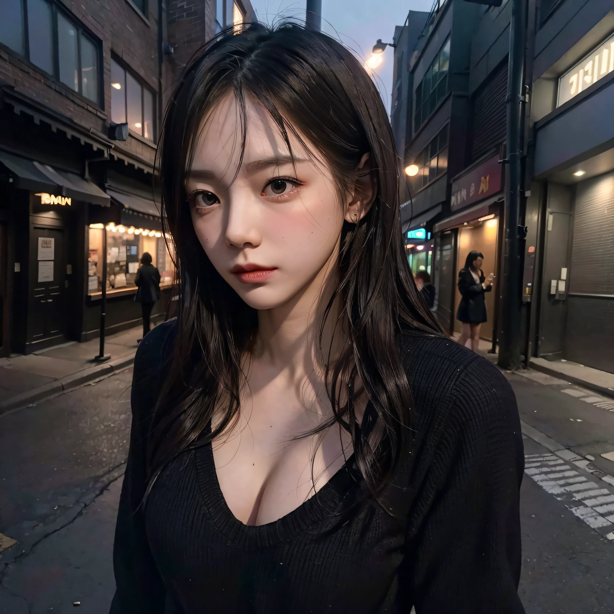 (delicate and moody), lone figure, (dynamic pose, dynamic angle), (one girl:1.2), drunk face, blushing, messy clothes:1.2, messy hair:1.2, (intoxicated:1.3), (night scene, sidewalk), (subtle lighting, dark shadows), (wasted:1.2), urban scenery.