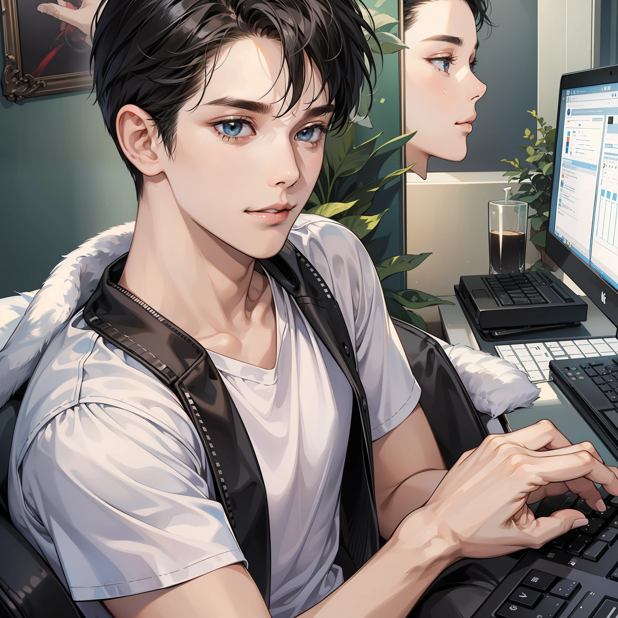 Masterpiece, high quality, best quality, HD, realistic, perfect lighting, detailed face, detailed body, 1 man, short black hair, white t-shirt, (happy expression: 1.5) (face excited: 1.5), sitting, holding a suona in hand, looking at the computer monitor, far view, in the room