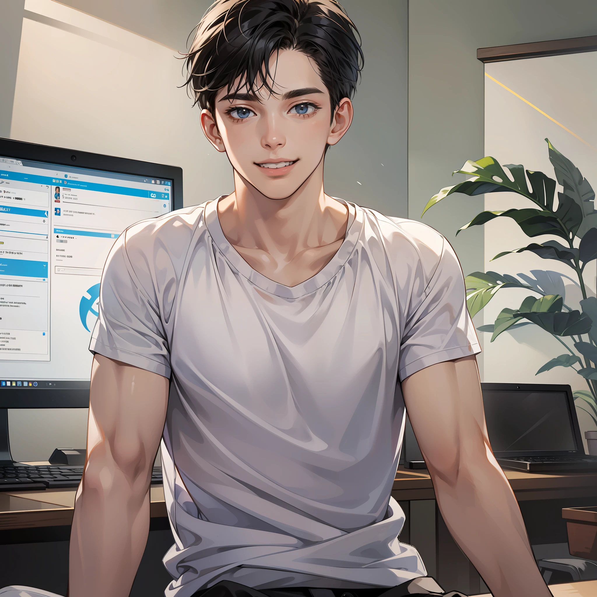 Masterpiece, high quality, best quality, HD, realistic, perfect lighting, detailed face, detailed body, 1 man, short black hair, white t-shirt, (happy expression: 1.5) (face excited: 1.5), sitting, holding a suona in hand, looking at the computer monitor, far view, in the room