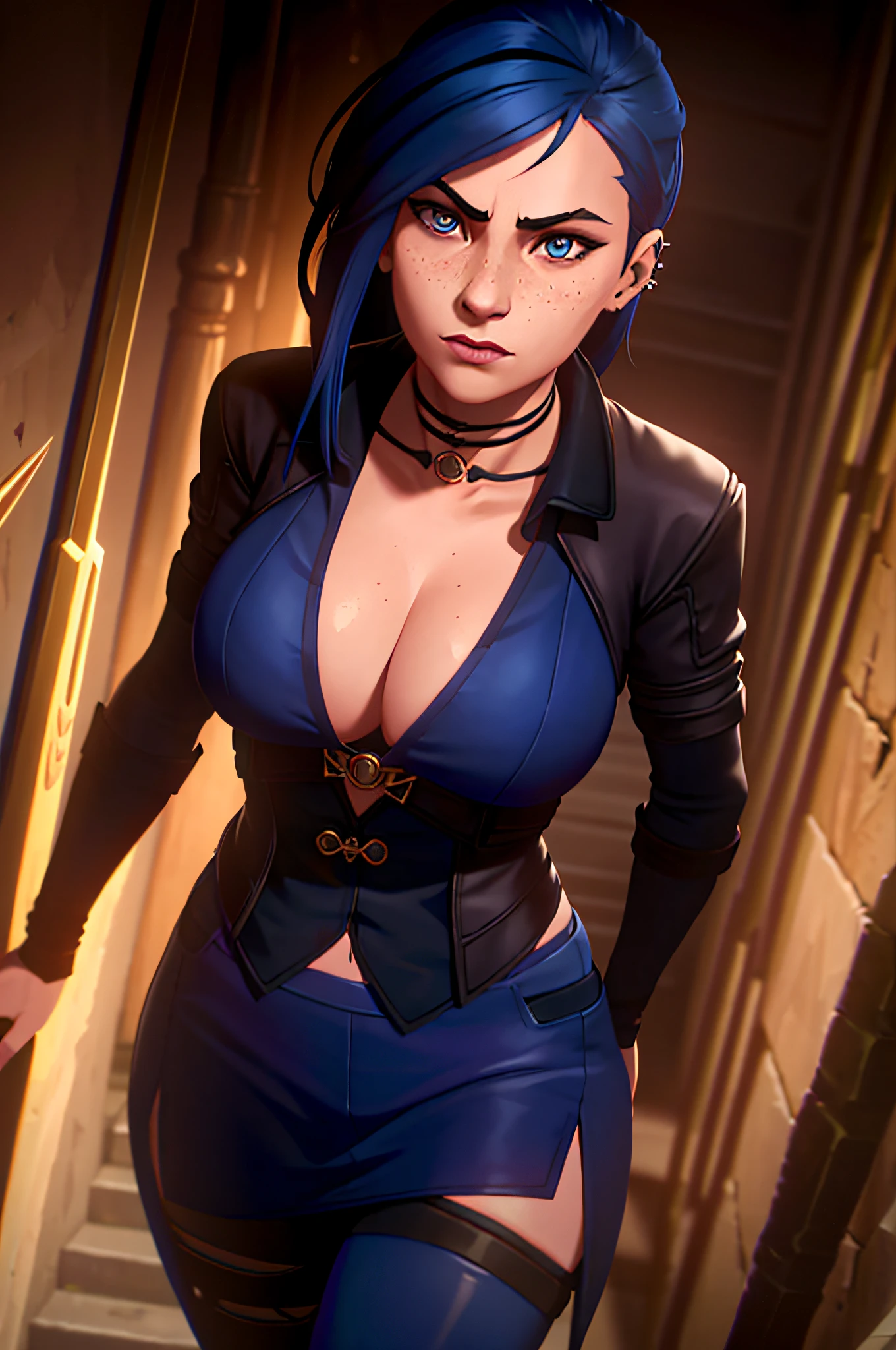 arcane style, 1girl, , tattoo , portrait, asymmetrical bangs, long hair, bangs, breasts, freckles, blue eyes, large breasts, looking at the viewer, tattoo on the neck, piercing on the nose, blue hair, scar, scar on the face , solo, tattoo on the face, upper body, thighs, blue(pantyhose), detailed background, city, alley, dark alley, portrait, , night, brave, close, closed mouth, , ((masterpiece)),  Absurd
