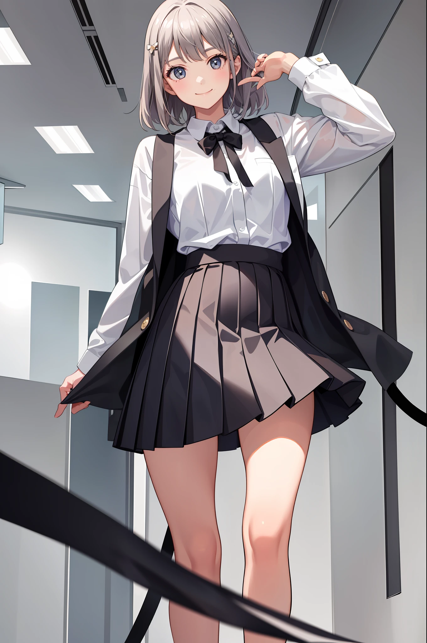 1 girl, smile, shirt, skirt, (small) chiralism,