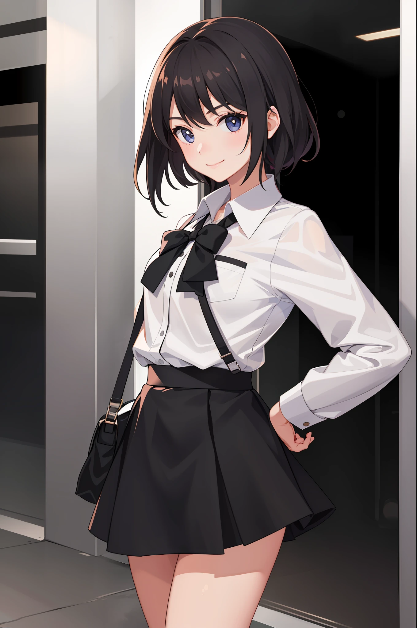 1 girl, smile, shirt, skirt, (small) chiralism,