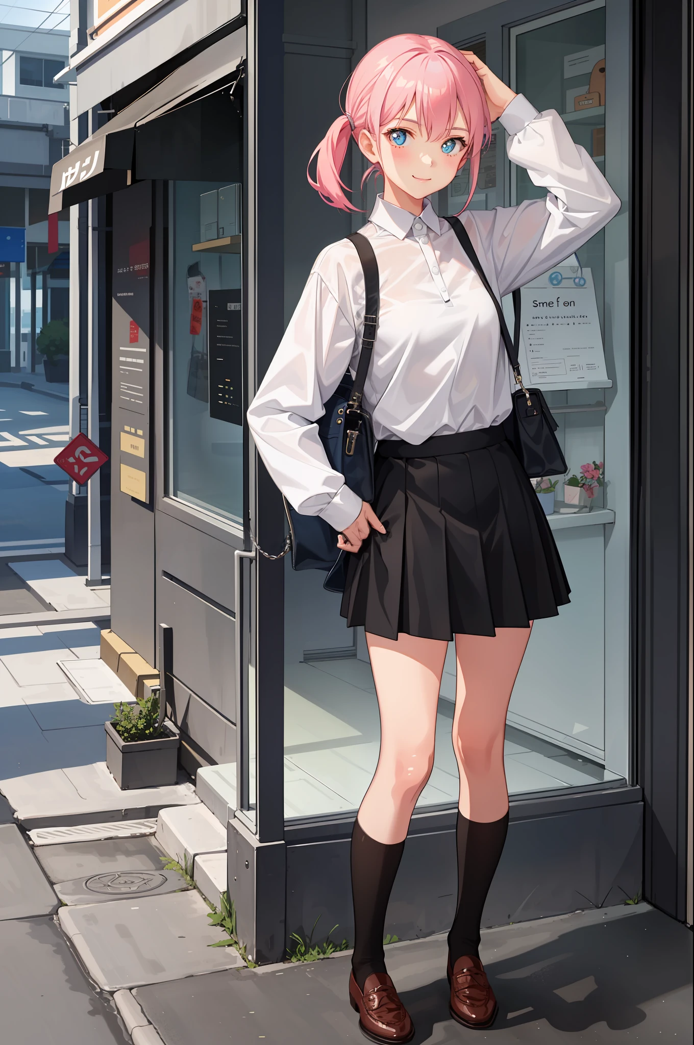 1 girl, smile, shirt, skirt, (small) chiralism,