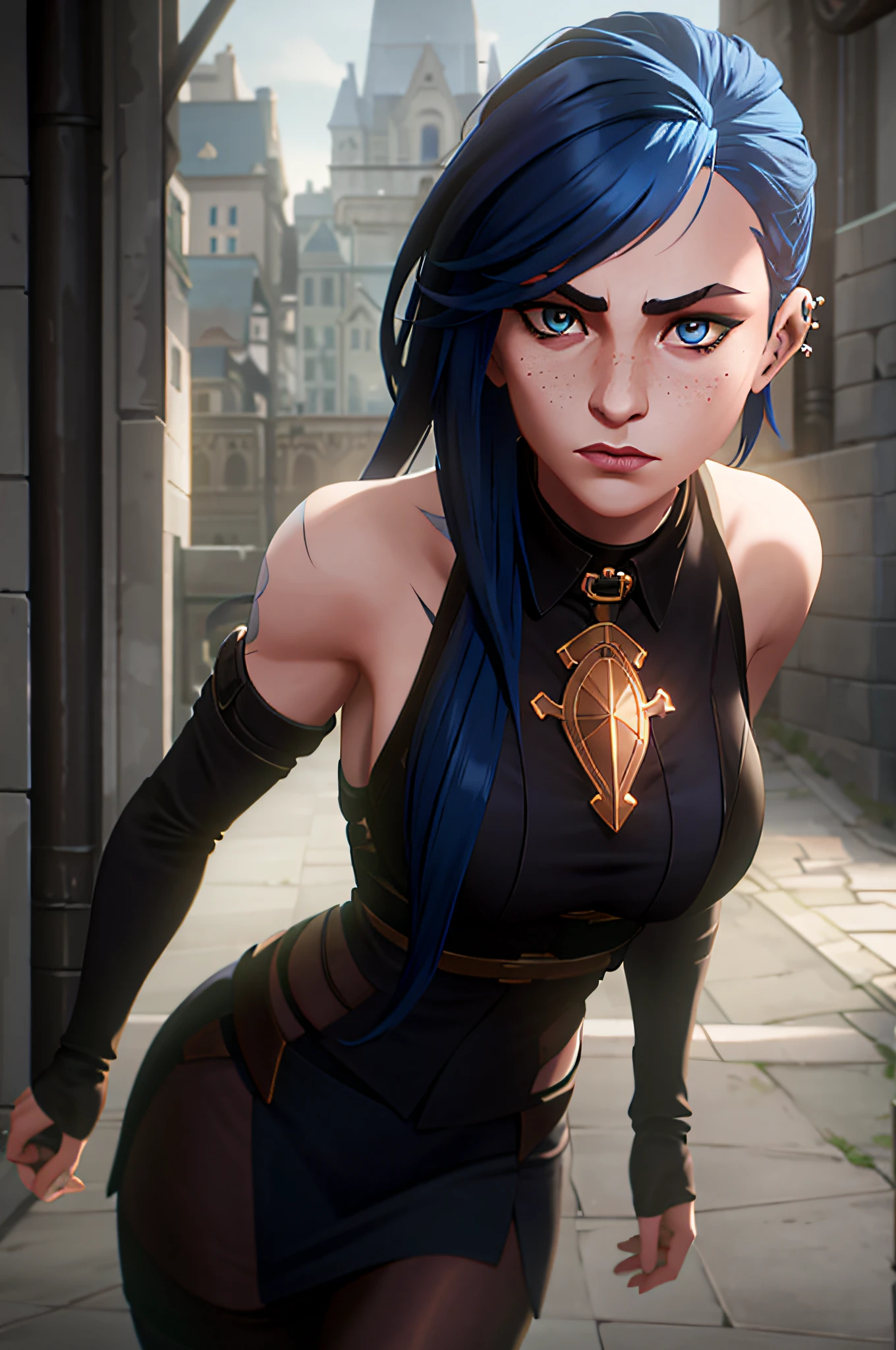 arcane style, 1girl, , tattoo , portrait, asymmetrical bangs, long hair, bangs, breasts, freckles, blue eyes, large breasts, looking at the viewer, tattoo on the neck, piercing on the nose, blue hair, scar, scar on the face , solo, tattoo on the face, upper body, thighs, blue(pantyhose), detailed background, city, alley, dark alley, portrait, , night, brave, close, closed mouth, , ((masterpiece)), Absurd