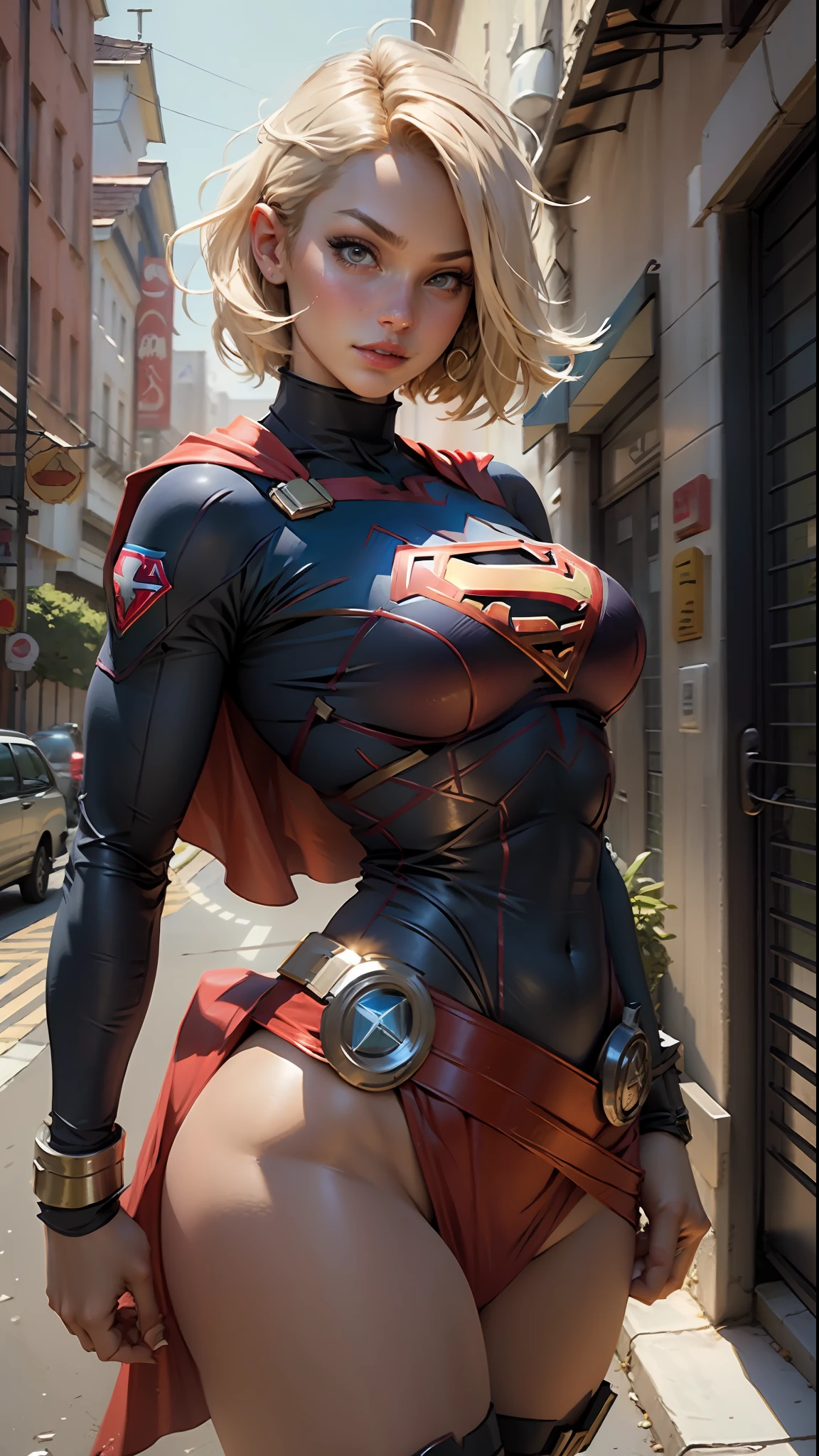 Beautiful woman short hair defined body big breasts, wearing Supergirl cosplay