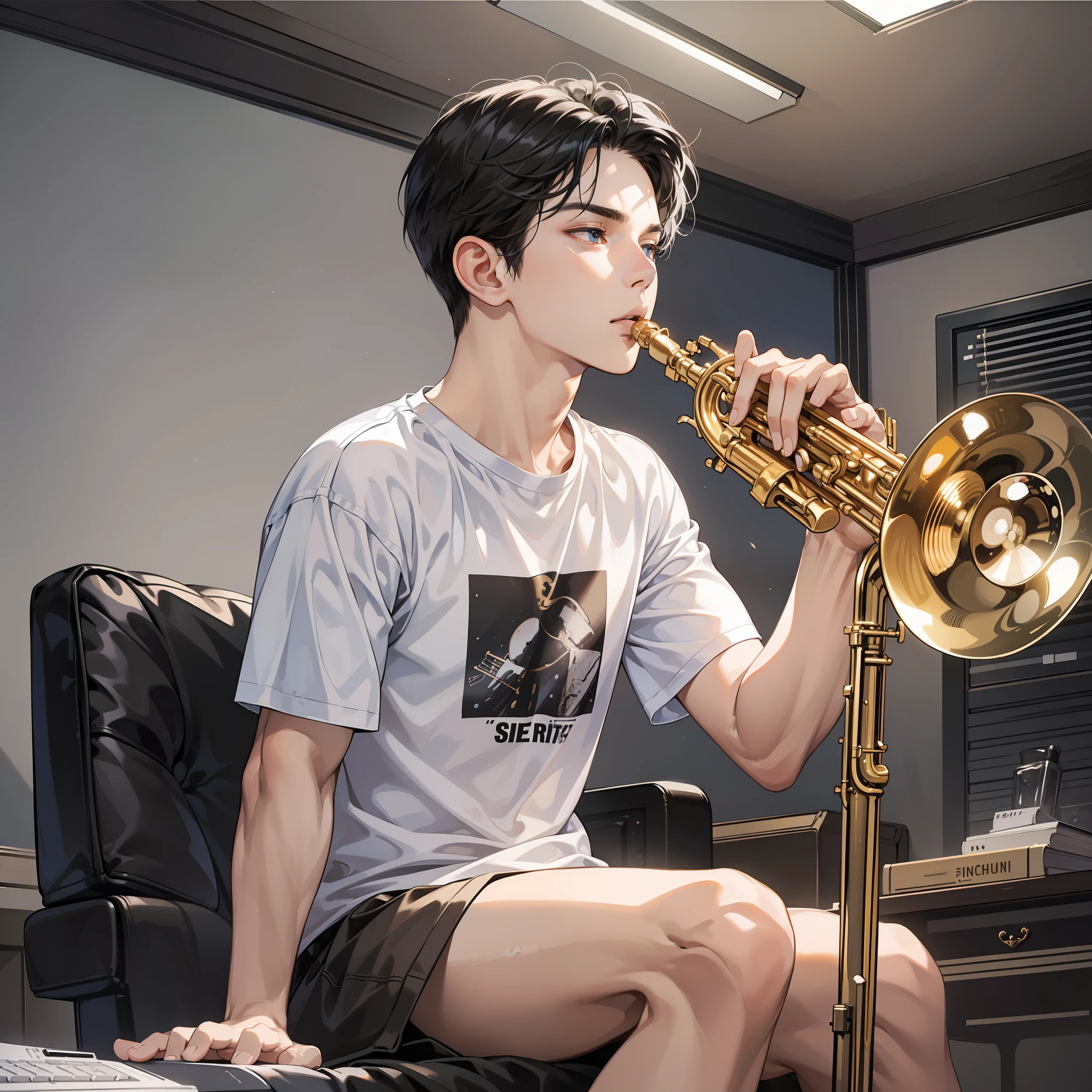 Masterpiece, high quality, best quality, HD, realistic, perfect lighting, detailed face, detailed body, 1 man, short black hair, white t-shirt, (serious expression: 1.5) (calm face: 1.5), sitting, blowing saxophone, looking at computer monitor, far view, in the room