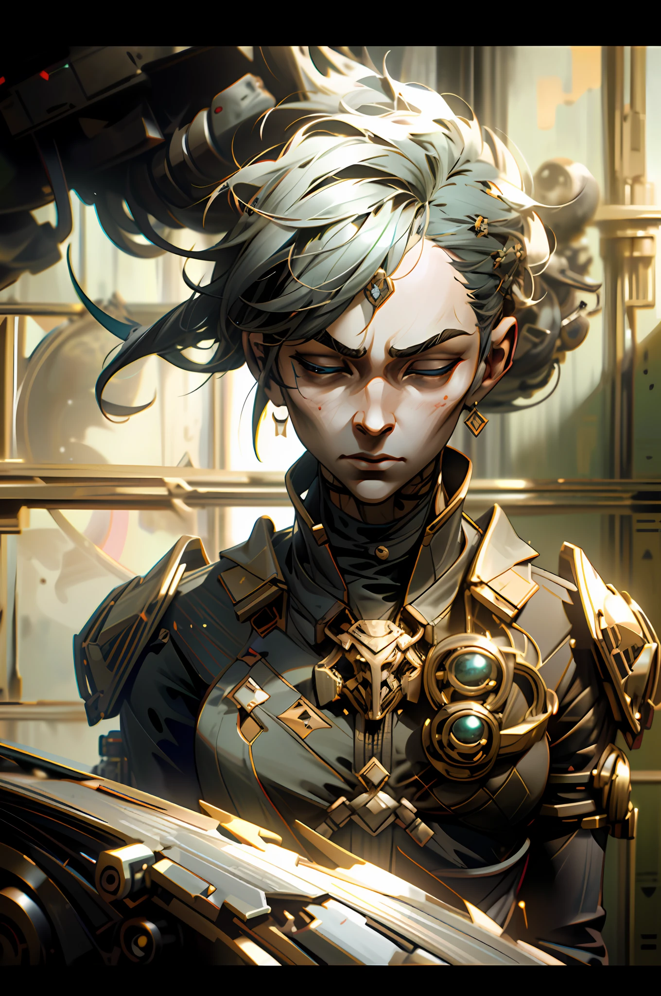 Command: ``/create prompt:Cybernetic hyper realistic  cyborg queen,machine intelligence, cybernetic Queen detailed, futuristic civilization theme,dark future,cyberpunk,futuristic lighting,4K symmetrical portrait,character concept art, oilpainting, Rendered in Octane,trending in artstation, cgsociety, 8k post-processing highly detailed,Junji Murakami, Mucha Klimt, Sharandula, Hiroshi Yoshida, Tom Bagshaw, Ross Tran, Artgerm,Craig Mullins,dramatic,Junji Murakami,Michael bay lighting rendered by octane engine,characters 8K symmetrical arstation, cape,cinematic lighting, intricate details, 8k detail post processing, hyperealistic, octane rend, Zdzisław Beksiński style, ar 2:3 –uplight model:NOWAI``
