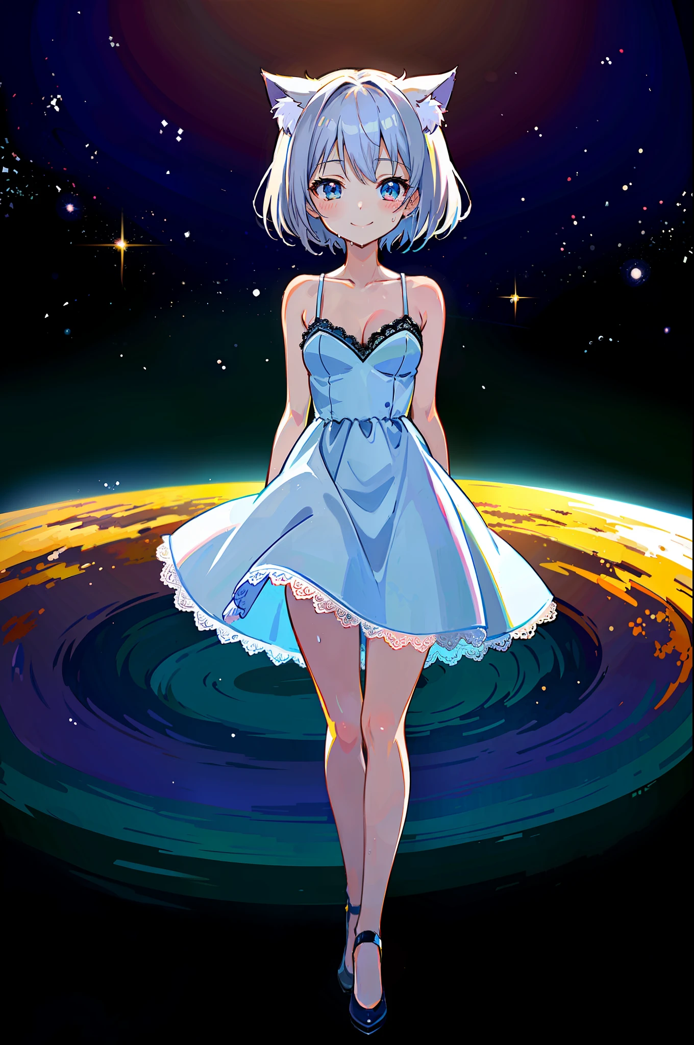 (Masterpiece), (Top Quality Anime Illustration), (Super Definition), (Super Detail), One Girl, Solo, Beautiful Girl with Silver Hair, Anime Loli, Cat Ear Loli, Petite, Lace Dress, Smile, Cleavage, Underboob, Thighs, Wet and Sheer, Sea of Stars, Space