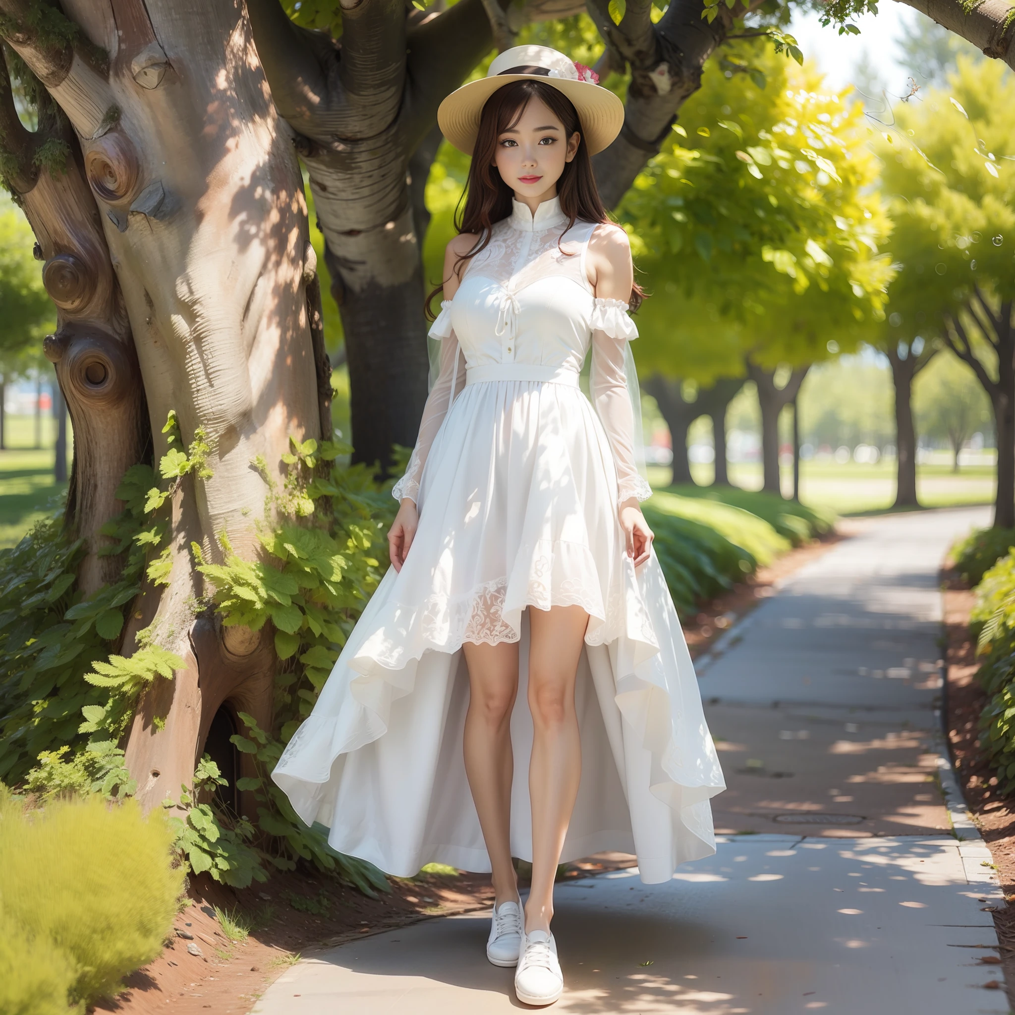 Female: 25 years old, whitedress, standing under a tree, Canvas shoes, Flesh-colored lace