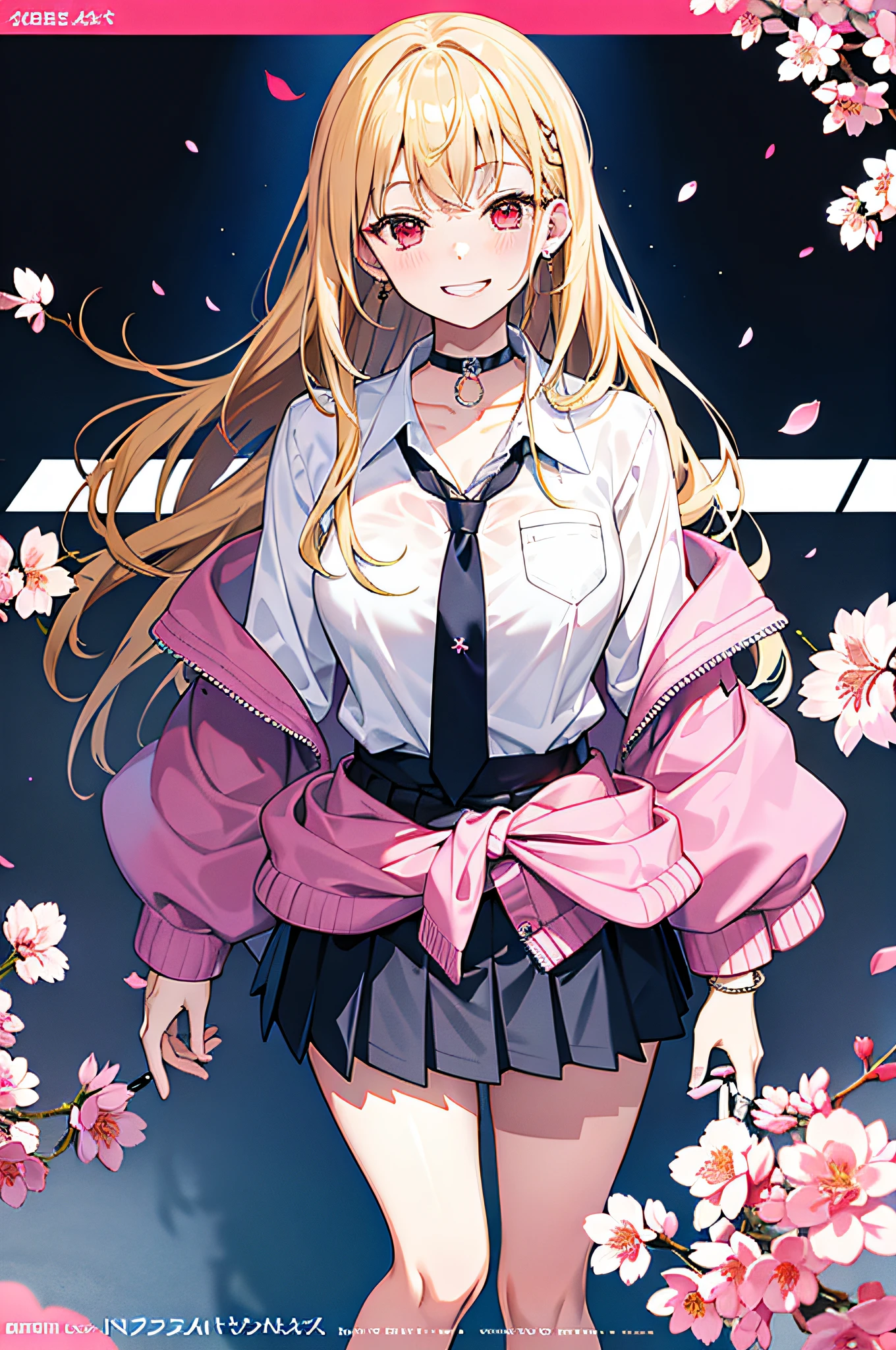 masterpiece, best quality, full body, 1girl, bangs, black choker, black necktie, blonde hair, blue skirt, blush, bracelet, breasts, choker, clothes around waist, collarbone, collared shirt, cowboy shot, dress shirt, ear piercing, eyebrows visible through hair, gradient hair, grin, gyaru, jewelry, kogal, long hair, looking at viewer, loose necktie, necktie, piercing, plaid, plaid skirt, pleated skirt, red eyes, ring, school uniform, shirt, skirt, smile, solo, white shirt, street, sky, cherry blossoms, petals,illustration, (magazine:1.3), (cover-style:1.3), fashionable, woman, vibrant, outfit, posing, front, colorful, dynamic, background, elements, confident, expression, holding, statement, accessory, majestic, coiled, around, touch, scene, text, cover, bold, attention-grabbing, title, stylish, font, catchy, headline, larger, striking, modern, trendy, focus, fashion,