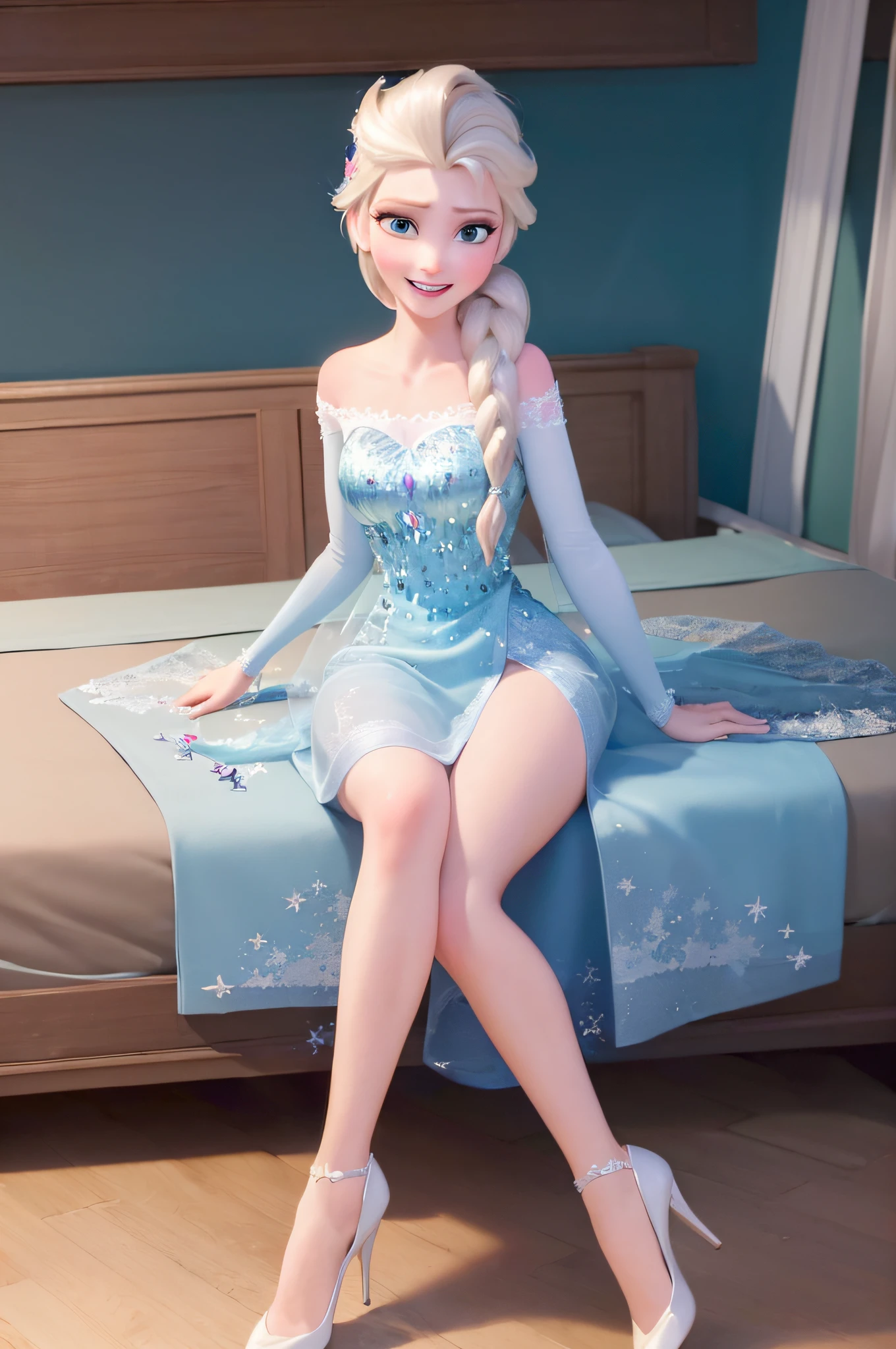 (masterpiece:1.4), (best qualit:1.4), (high resolution:1.4), elsa of arendelle, smile, single braid, bedroom, chevage, looking at viewer, stiletto high heels, sitting on bed, spread legs