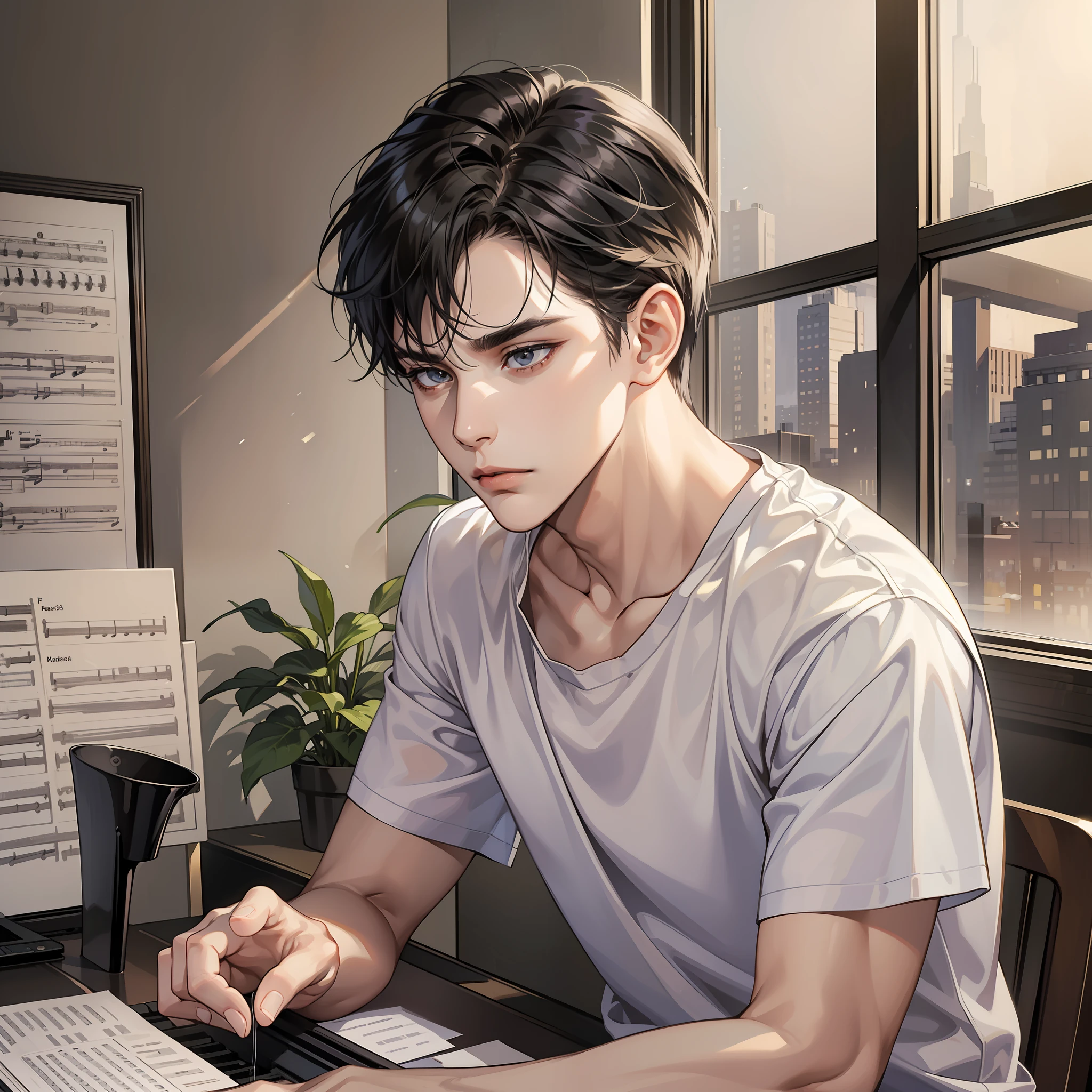 Masterpiece, high quality, best quality, HD, realistic, perfect lighting, detailed face, detailed body, 1 man, short black hair, white t-shirt, (serious expression: 1.5) (calm face: 1.5), wearing headphones, playing piano, computer, far view, in the room