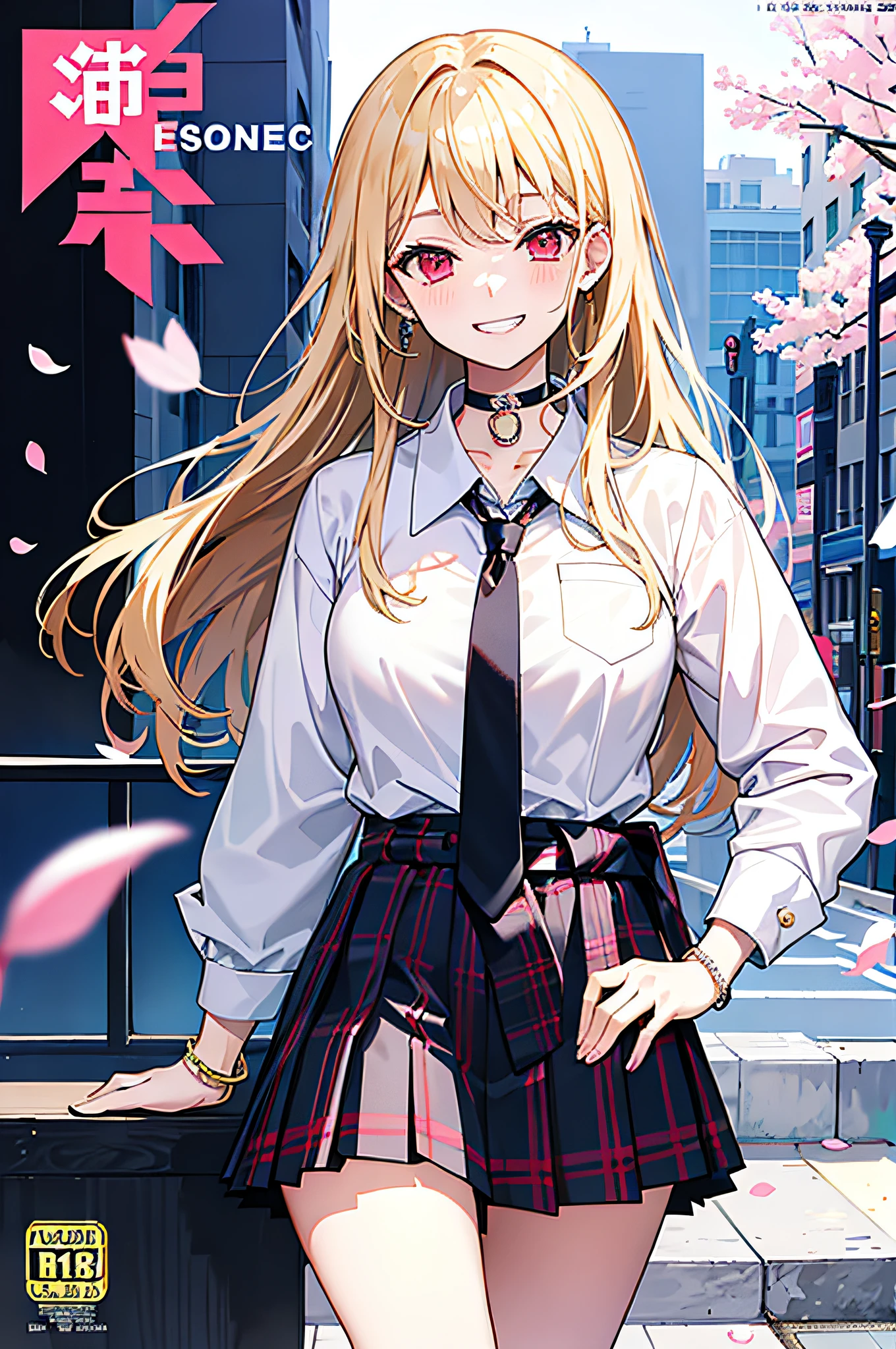 masterpiece, best quality, full body, 1girl, bangs, black choker, black necktie, blonde hair, blue skirt, blush, bracelet, breasts, choker, clothes around waist, collarbone, collared shirt, cowboy shot, dress shirt, ear piercing, eyebrows visible through hair, gradient hair, grin, gyaru, jewelry, kogal, long hair, looking at viewer, loose necktie, necktie, piercing, plaid, plaid skirt, pleated skirt, red eyes, ring, school uniform, shirt, skirt, smile, solo, white shirt, street, sky, cherry blossoms, petals,illustration, (magazine:1.3), (cover-style:1.3), fashionable, woman, vibrant, outfit, posing, front, colorful, dynamic, background, elements, confident, expression, holding, statement, accessory, majestic, coiled, around, touch, scene, text, cover, bold, attention-grabbing, title, stylish, font, catchy, headline, larger, striking, modern, trendy, focus, fashion,