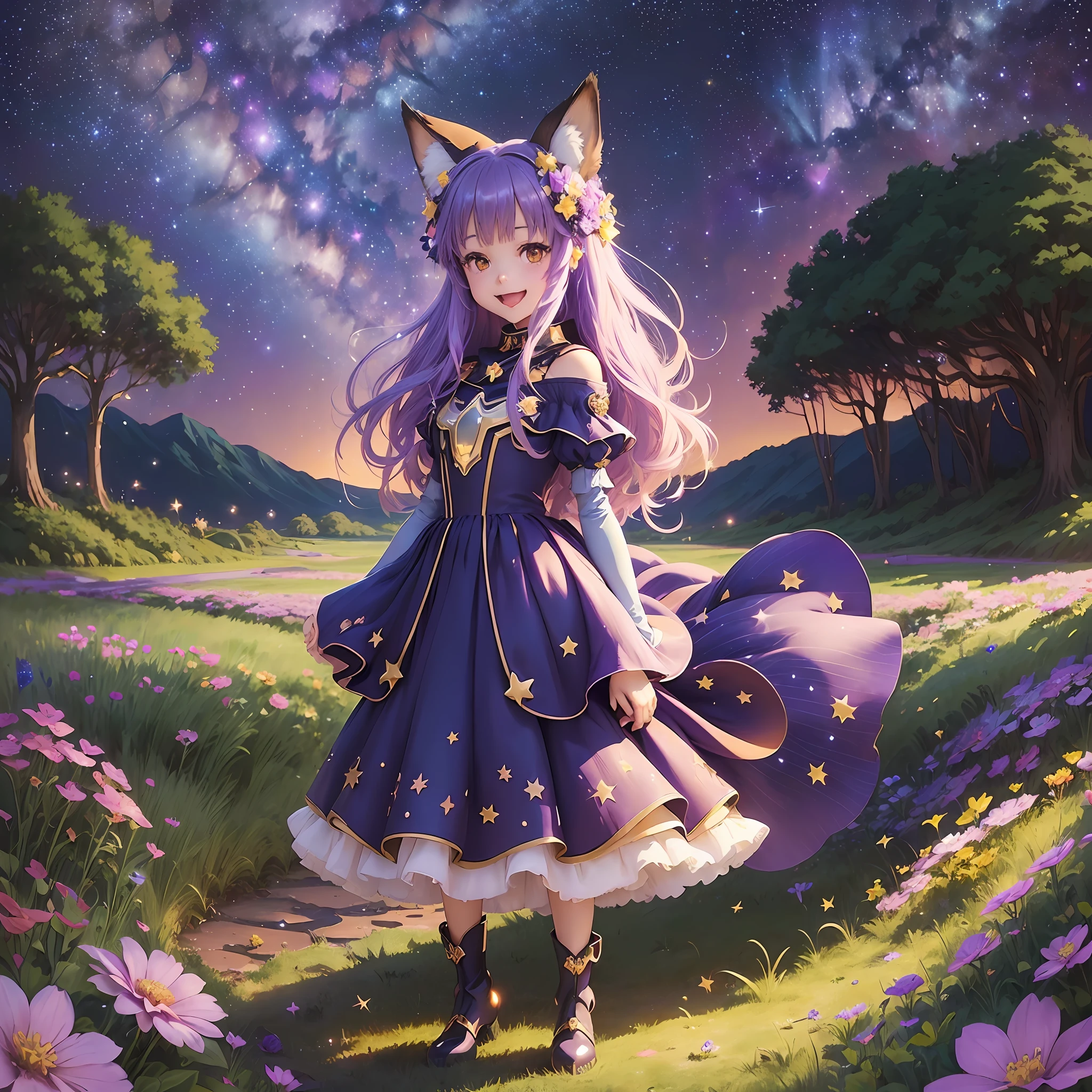 Fox ears, fox tail, purple hair, (((fantasy)), princess, dress, standing picture, standing figure, li, pee, (((starry sky)), flower garden, grassland, sea, night, milky way, firefly, moon, ((full body)), ((masterpiece)), ((anime)), smile, open mouth, front --auto --s2