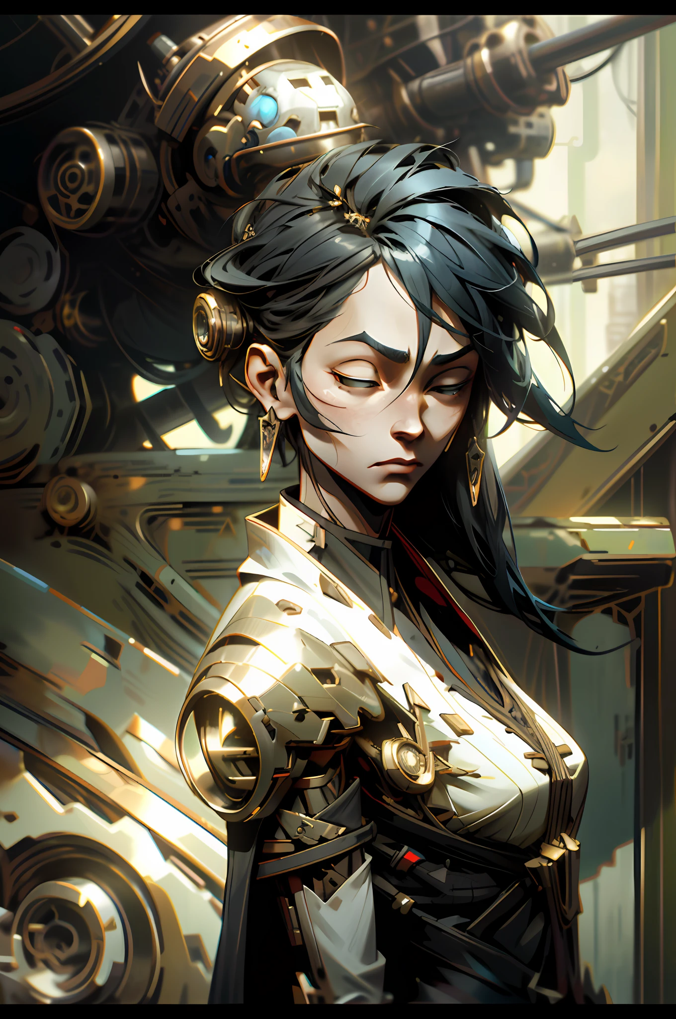 Command: ``/create prompt:Cybernetic hyper realistic cyborg queen,machine intelligence, cybernetic Queen detailed, futuristic civilization theme,dark future,cyberpunk,futuristic lighting,4K symmetrical portrait,character concept art, oilpainting, Rendered in Octane,trending in artstation, cgsociety, 8k post-processing highly detailed,Junji Murakami, Mucha Klimt, Sharandula, Hiroshi Yoshida, Tom Bagshaw, Ross Tran, Artgerm,Craig Mullins,dramatic,Junji Murakami,Michael bay lighting rendered by octane engine,characters 8K symmetrical arstation, cape,cinematic lighting, intricate details, 8k detail post processing, hyperealistic, octane rend, Zdzisław Beksiński style, ar 2:3 –uplight model:NOWAI``