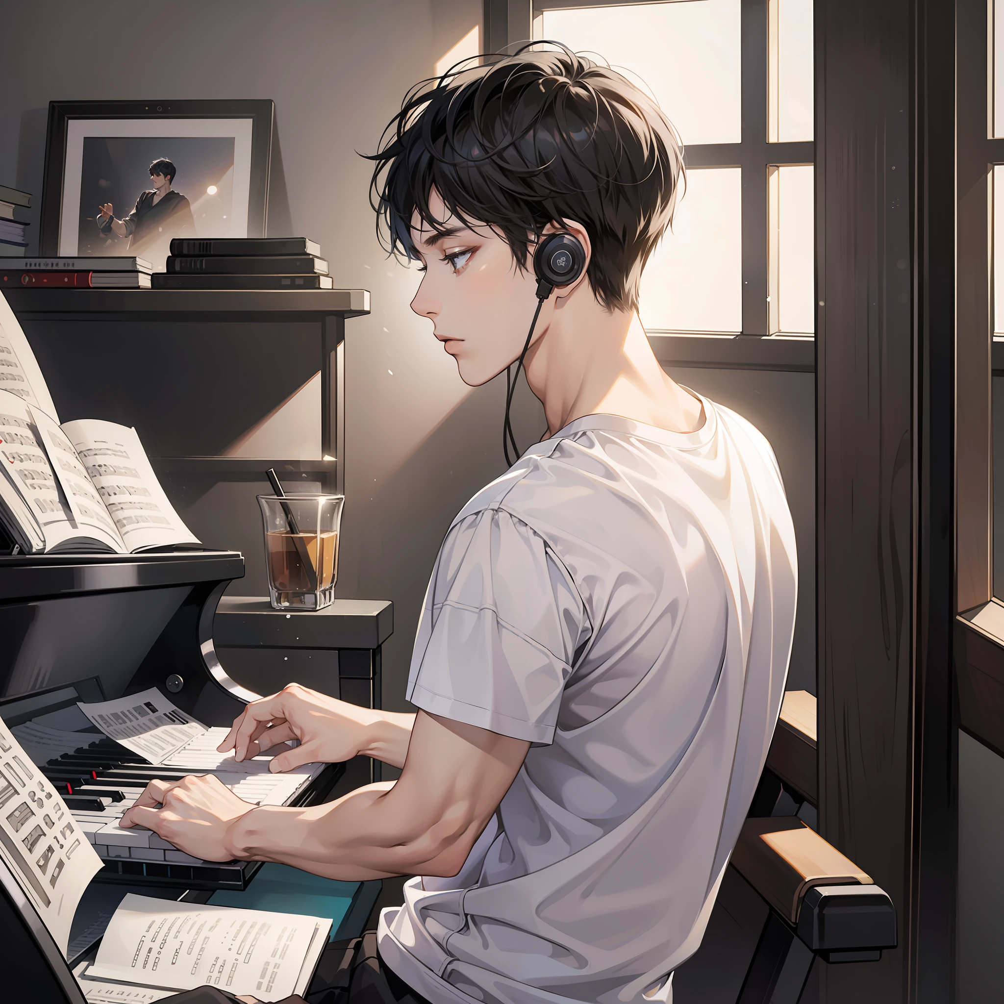 Masterpiece, high quality, best quality, HD, realistic, perfect lighting, detailed body, 1 man, short black hair, white t-shirt, wearing headphones, playing piano, computer, back to back, far view, dark room