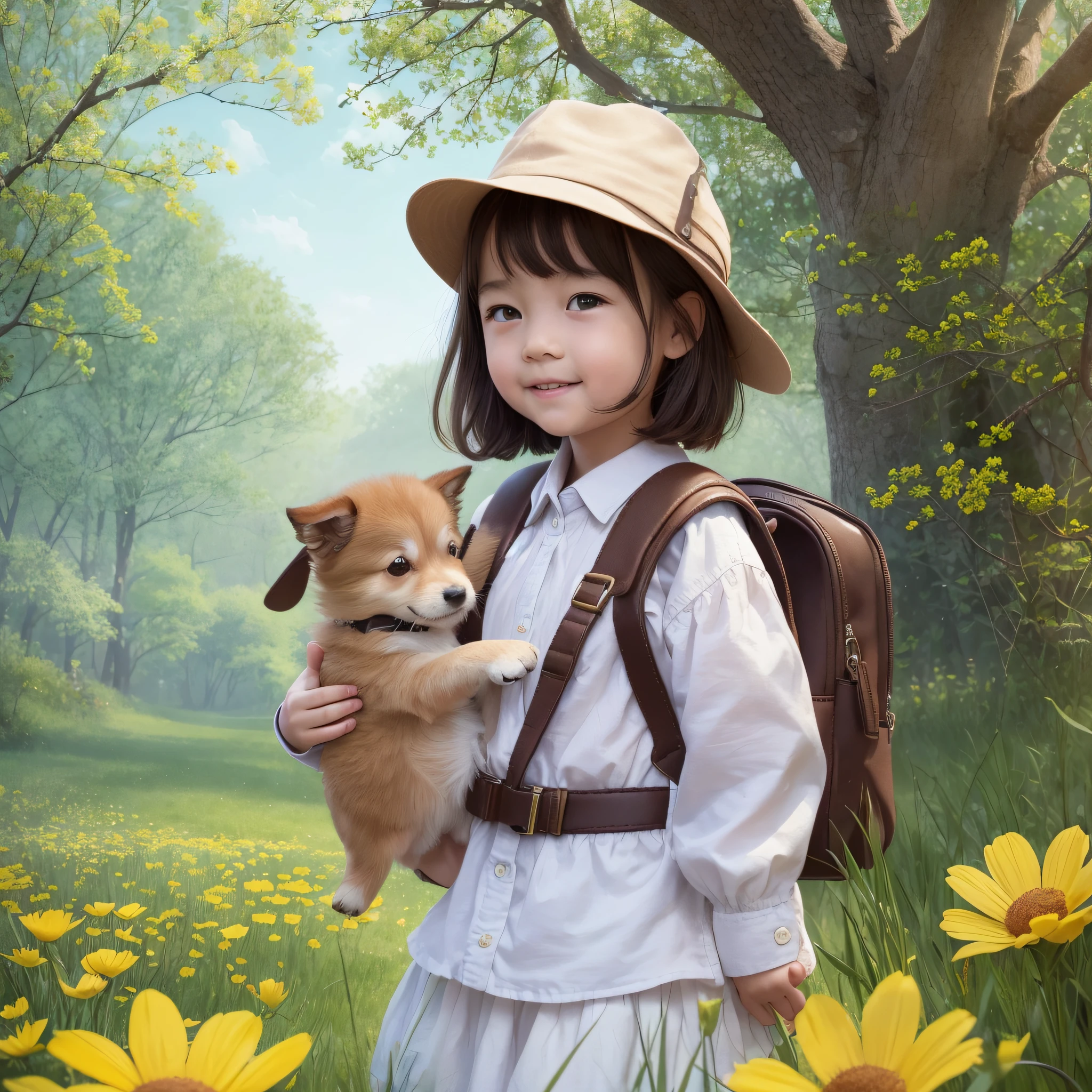 A charming  girl with a backpack is enjoying a lovely spring outing with her adorable puppy, surrounded by beautiful yellow flowers and nature. The illustration is a high definition illustration in 4K resolution, with very detailed facial features and cartoon-style visuals, (butterfly dance) --auto --s2