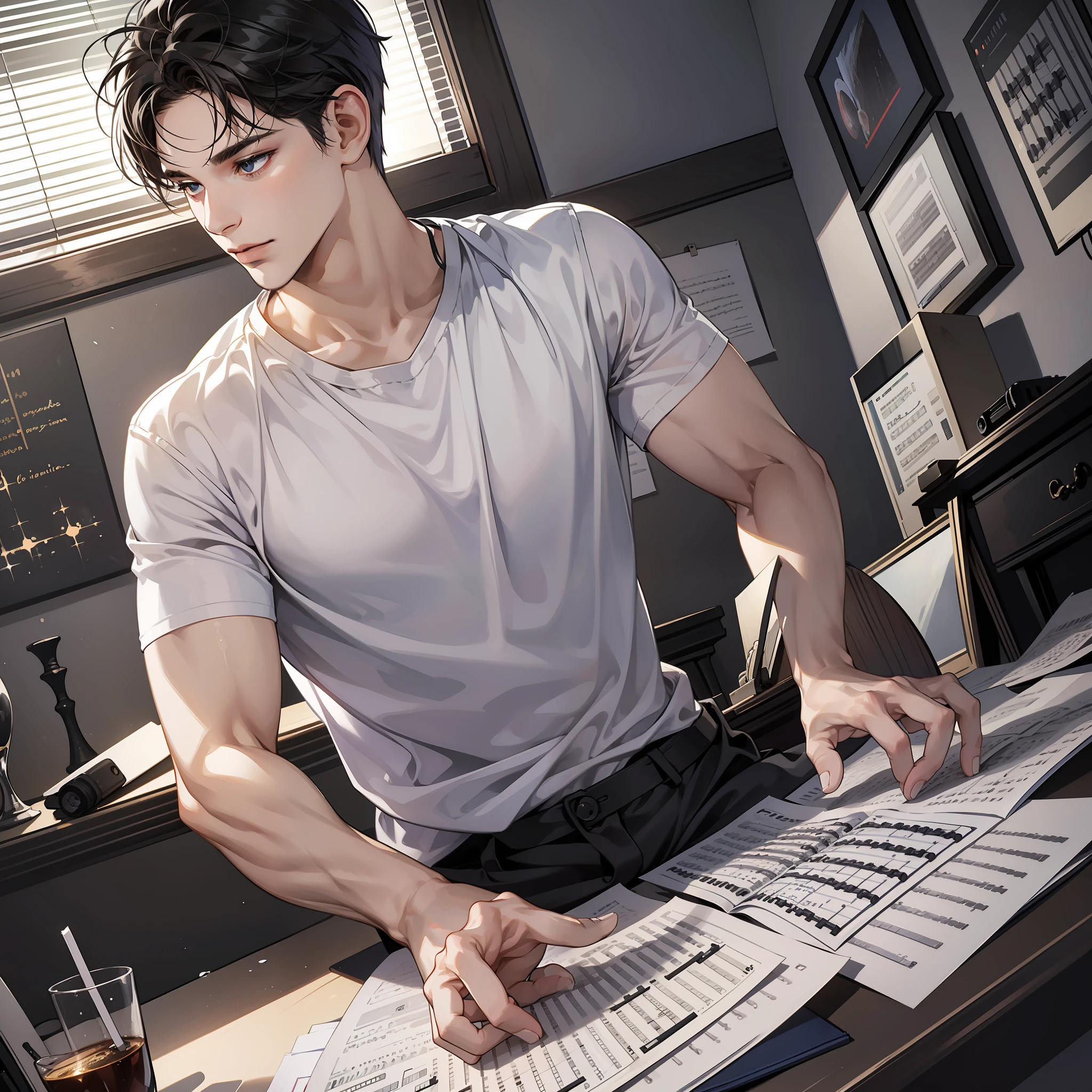 Masterpiece, high quality, best quality, HD, realistic, perfect lighting, detailed body, 1 man, short black hair, white t-shirt, wearing headphones, playing piano, computer, back to back, far view, dark room