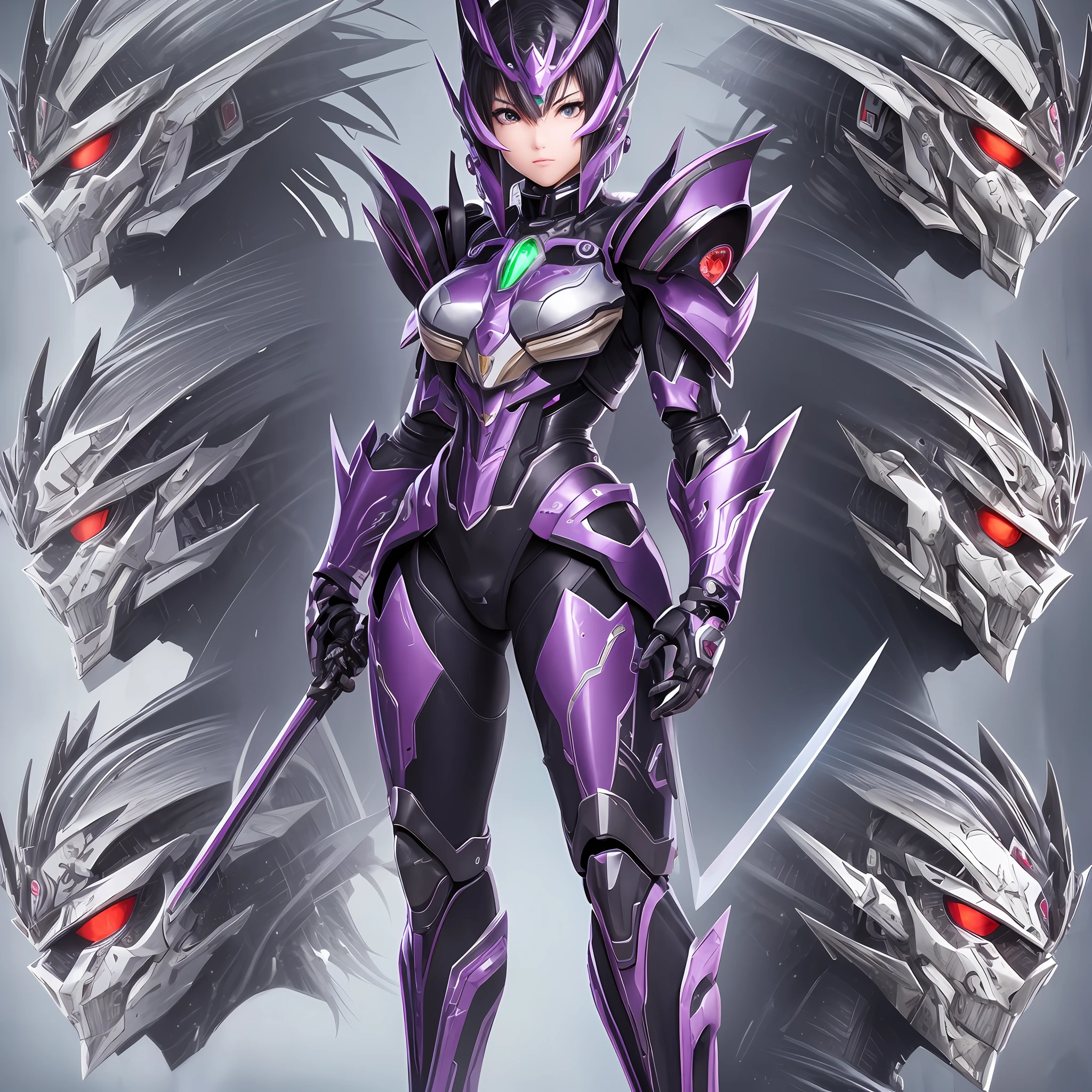 Close up portrait of a person in costume with a sword, cyber japan style armor, cyber japan armor, guyver style, girl in armor, monster hunter armor, full body mecha suit, perfect anime cyborg woman, cyborg noble woman, mecha cyber armor girl, detailed full body concept, female armor, anime character. Full Body Art --auto --s2