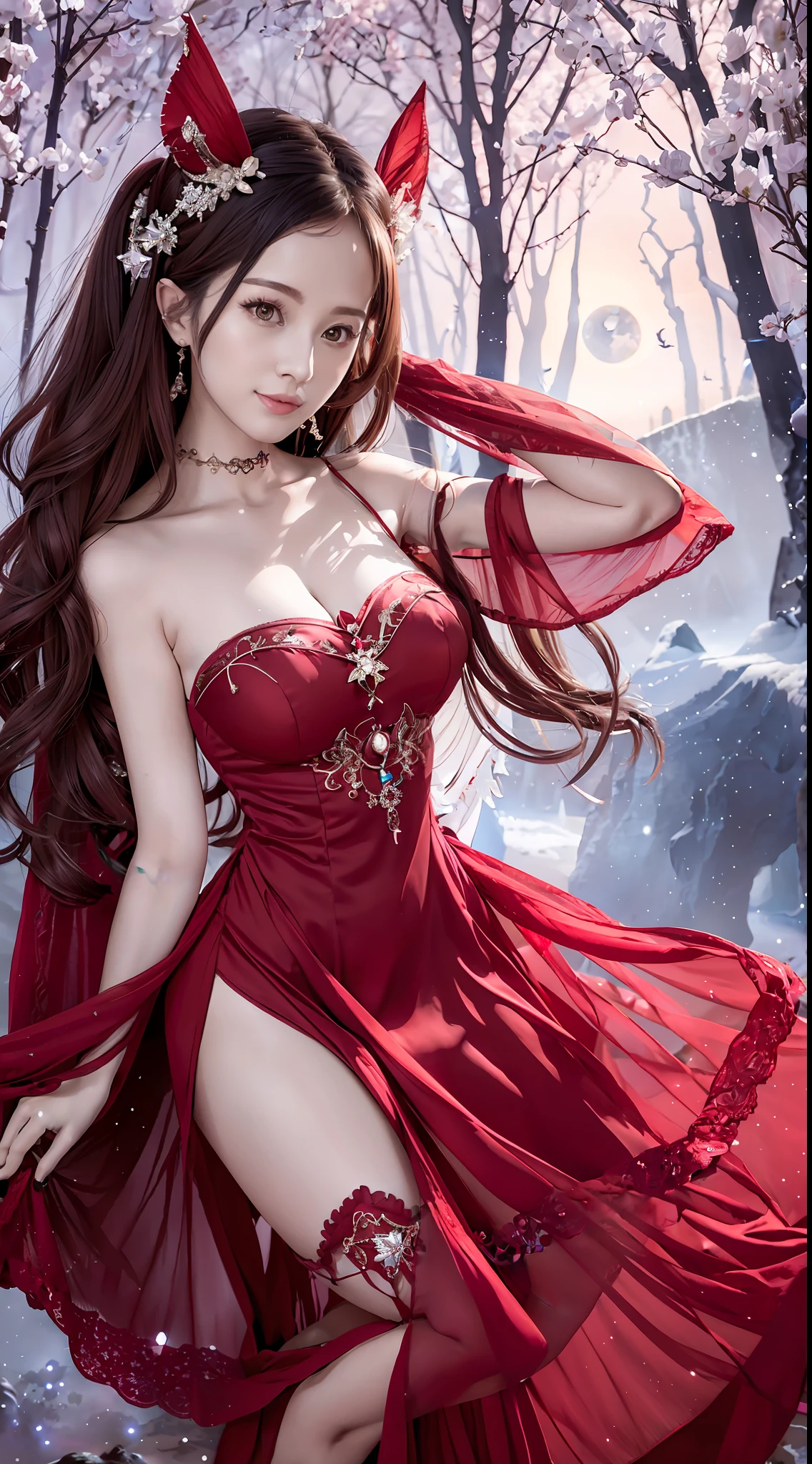 There is a woman in a red dress posing for a photo, moon themed costume, astral witch costume, fantasy costume, anime girl cosplay, beautiful celestial mage, inspired by cold plum, bandeau dress, popular on cgstation, celestial goddess, April rendering, red, dream medium portrait top light, red skin, amouranth, fantasy dress