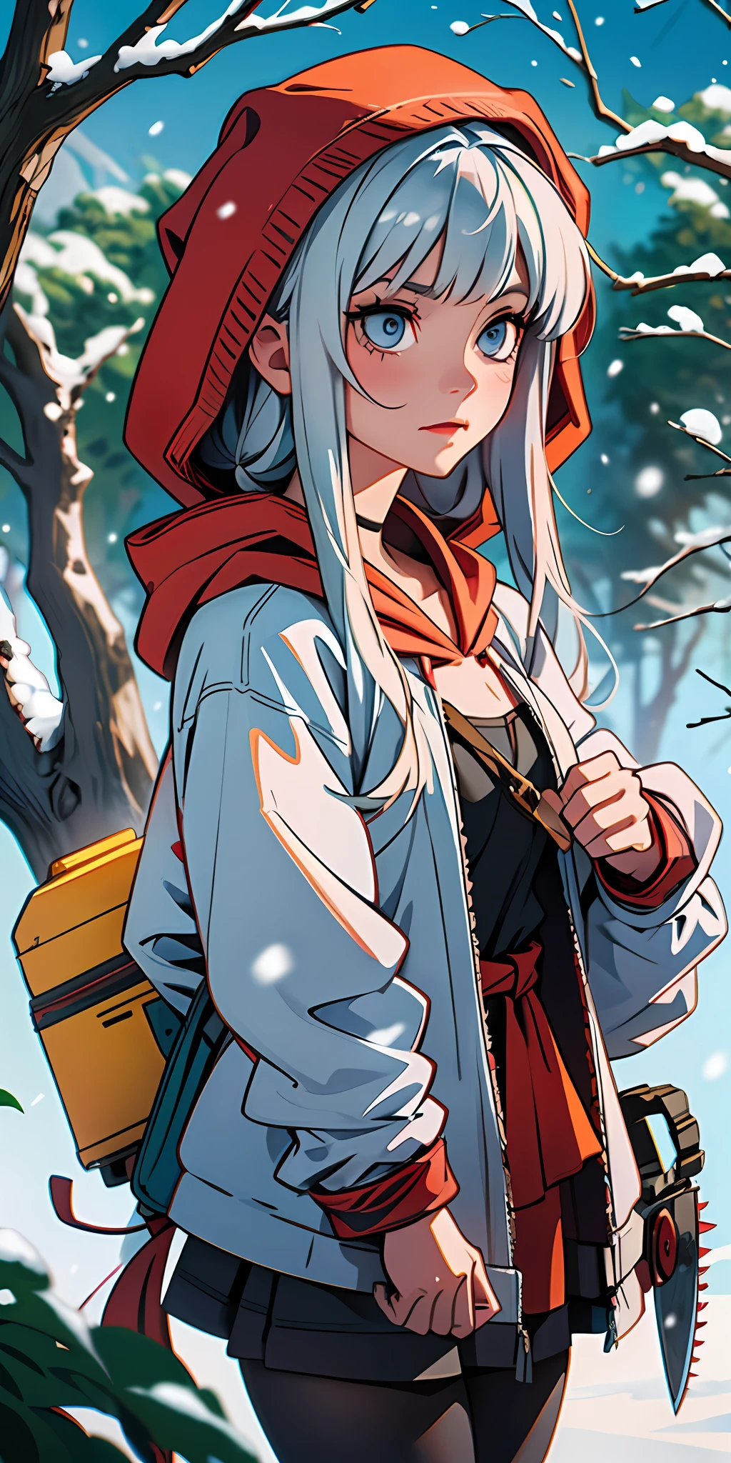 The witch, holding a chainsaw, hair like snow, little red riding hood, crazy expression