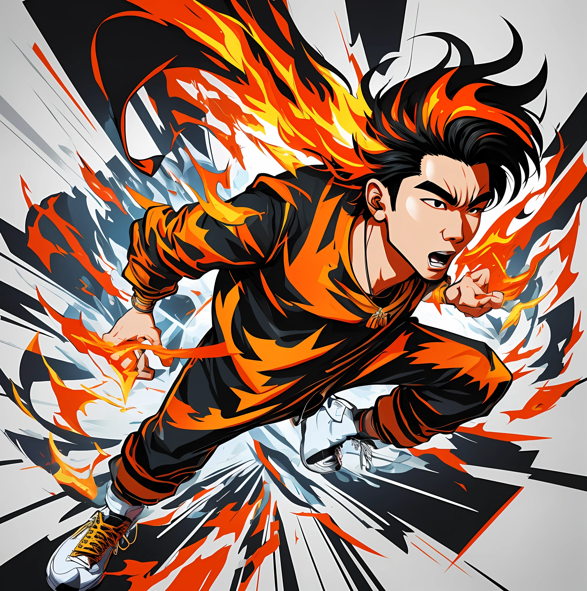 Cartoon hip-hop Korean singer in action with dynamic legs and hands, drawn with Adobe Illustrator. Cartoon style with unique design elements and special effects on a white background. Full body depiction with fiery energy to capture the essence of his performance. --auto --s2