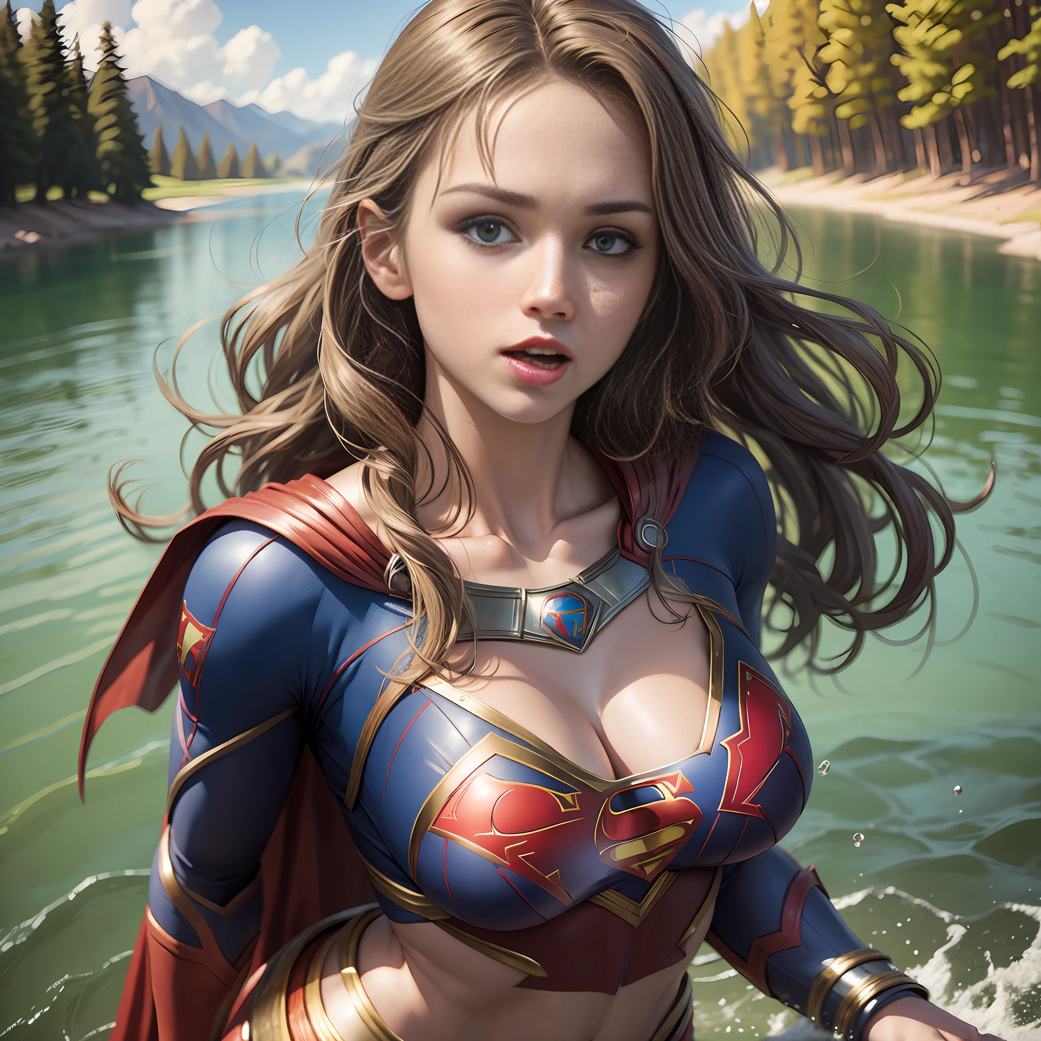 Best Quality, Masterpiece, (Realistic: 1.5), Photo-Realistic, Supergirl Flying Over a Lake, Chest Uncovered, Mouth Open --auto --s2