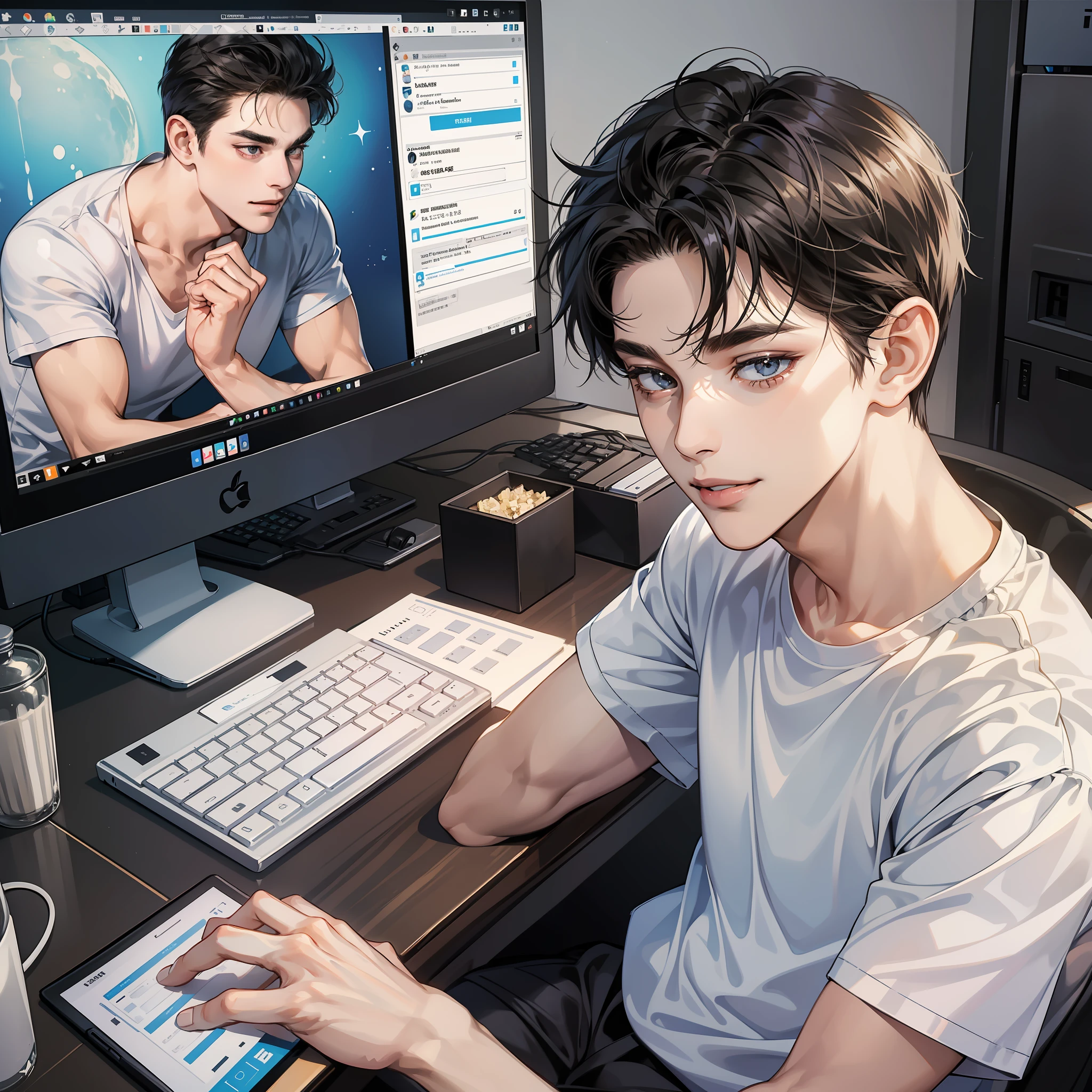 Masterpiece, high quality, best quality, HD, realistic, perfect lighting, detailed face, detailed body, 1 man, short black hair, white t-shirt, (happy expression: 1.5) (face excited: 1.5), sitting, looking at the computer monitor, raising hands to say hello, far view, in the room