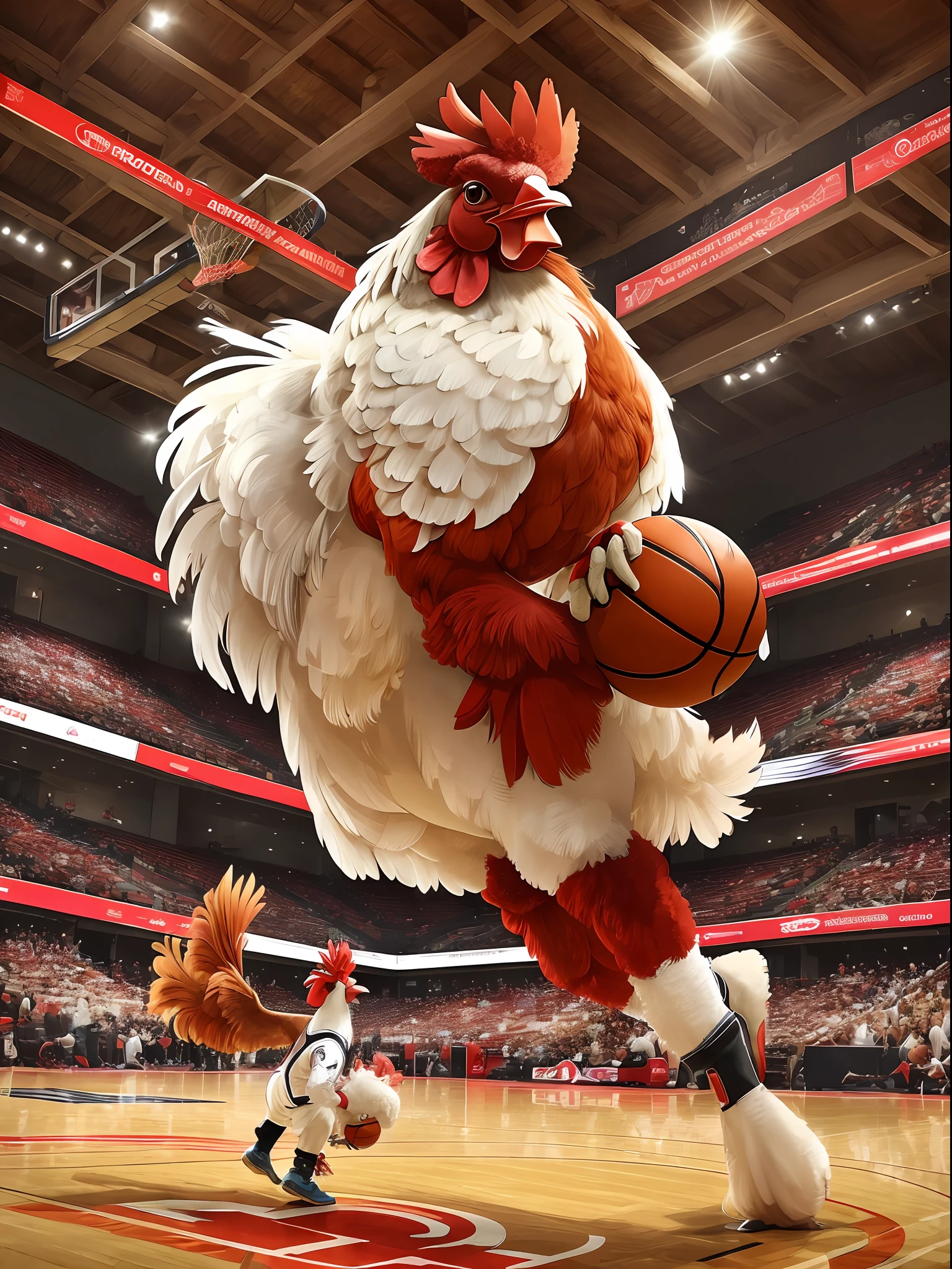 There is a rooster ((anthropomorphic)) playing basketball, he is dancing, trend dribbling --auto --s2