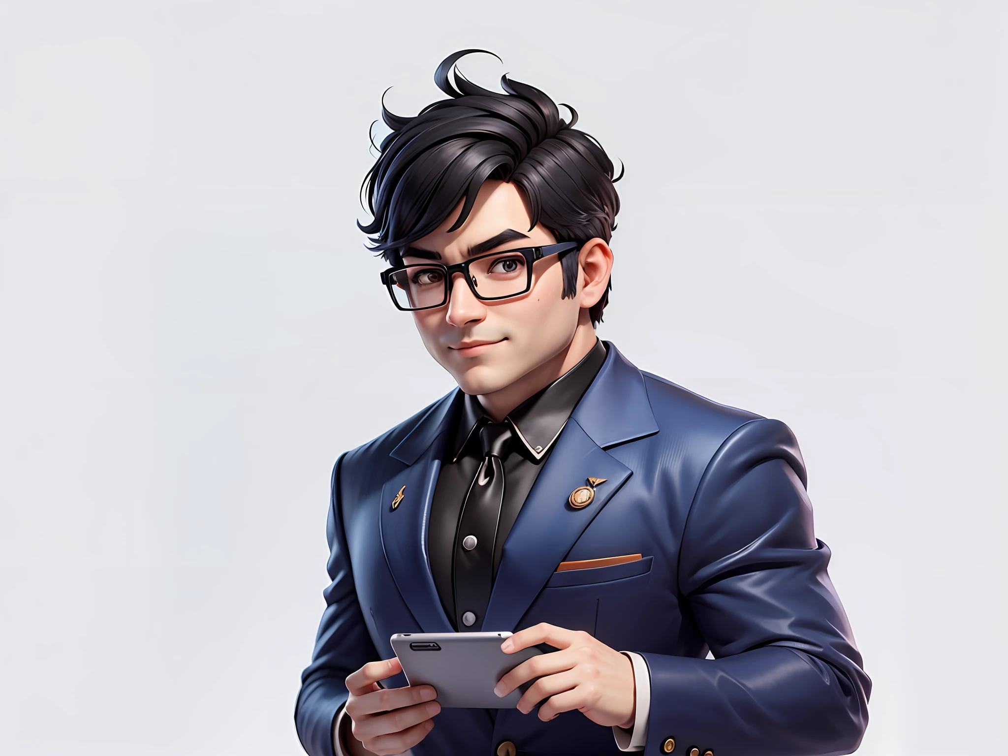 (Masterpiece), (Excellent), (Super Meticulous), (Full Body: 1.2), Super Young Woman, Beautiful, Sexy, Bursting, Oriental Face, TV Anchor, Bust Portrait Illustration, Alone, Black Suit, Blue Tie, Silver Glasses, Slightly Chubby Face, Very Clean Face, No Beard, Black Super Short Hair, Black Eyes, Confident Smile, 3c Computer Sub-Products, iPad, iPhone, Digital Painting, 3D Character Design by Mark Claireldon and Pixar and Hayao Miyazaki, The illustration is a high-definition illustration in 4K resolution with very detailed facial features and cartoon-style visuals.