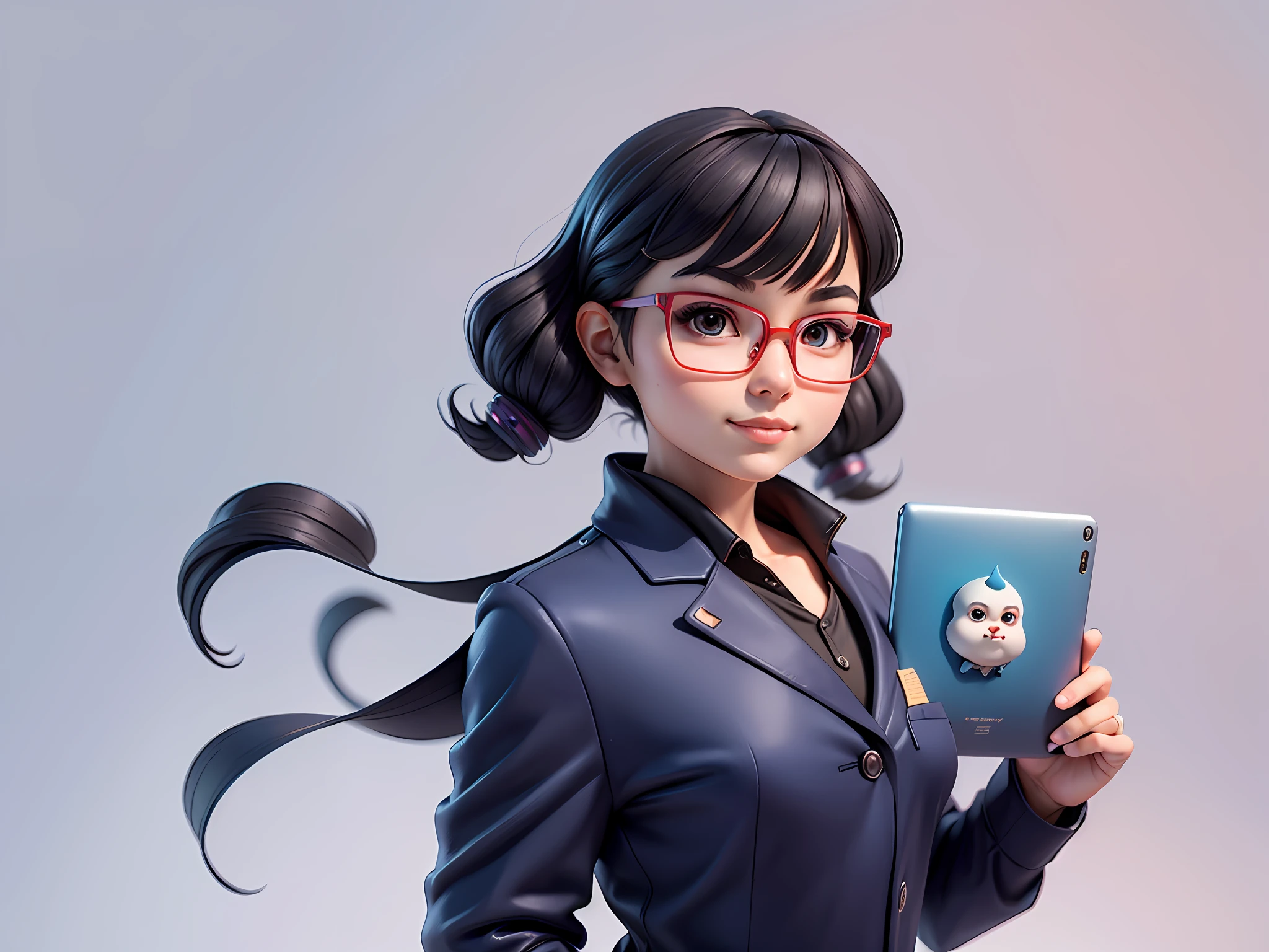 (Masterpiece), (Excellent), (Super Meticulous), (Full Body: 1.2), Super Young Woman, Beautiful, Sexy, Bursting, Oriental Face, TV Anchor, Bust Portrait Illustration, Alone, Black Suit, Blue Tie, Silver Glasses, Slightly Chubby Face, Very Clean Face, No Beard, Black Super Short Hair, Black Eyes, Confident Smile, 3c Computer Sub-Products, iPad, iPhone, Digital Painting, 3D Character Design by Mark Claireldon and Pixar and Hayao Miyazaki, The illustration is a high-definition illustration in 4K resolution with very detailed facial features and cartoon-style visuals.