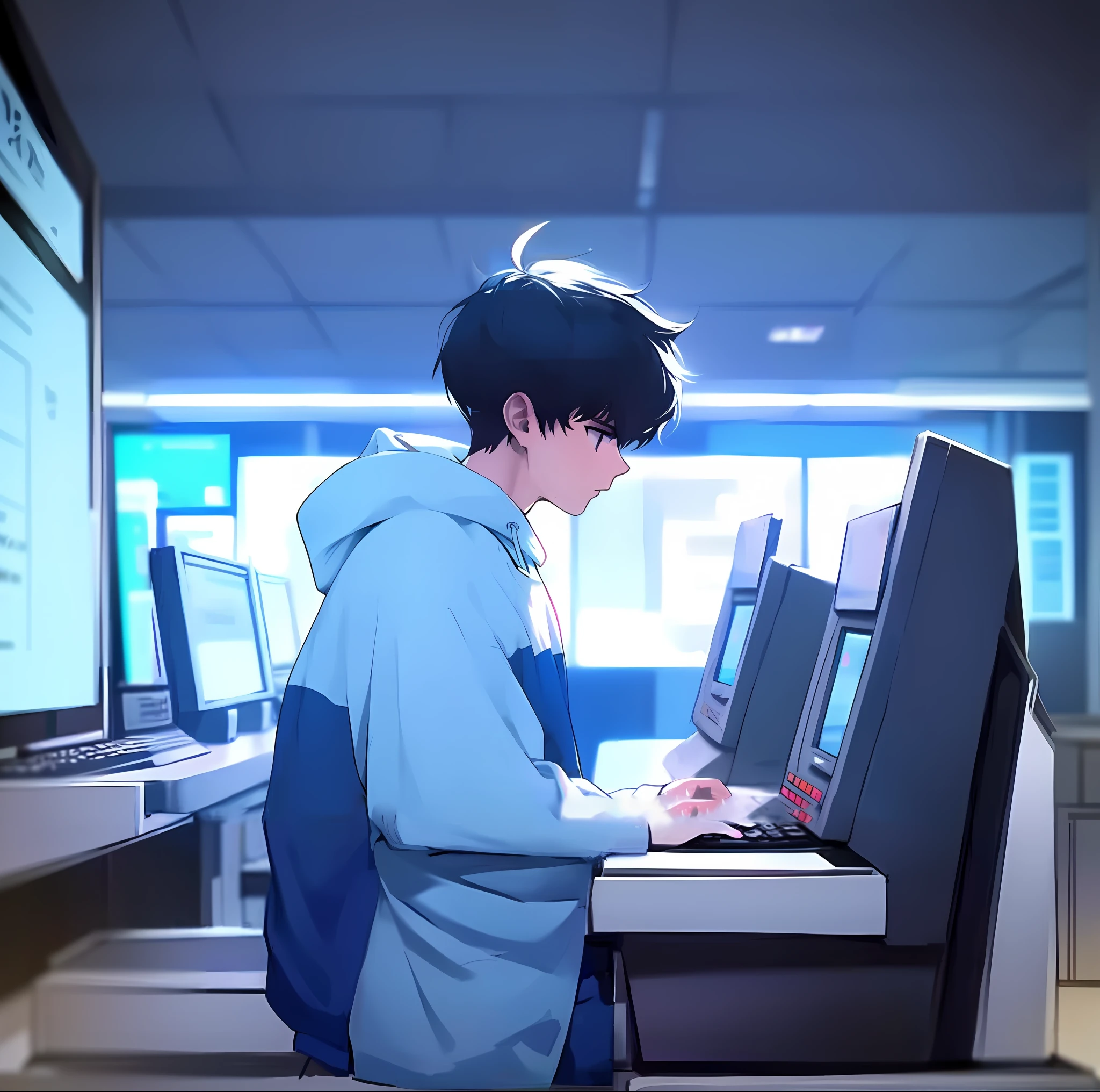 anime boy in blue hoodie using a computer in a room, high quality anime artstyle, lofi artstyle, anime boy, young anime man, lofi feel, makoto shinkai. —h 2160, modern anime style, makoto shinkai style, aesthetic award winning anime, anime aesthetic, makoto shinkai art style
