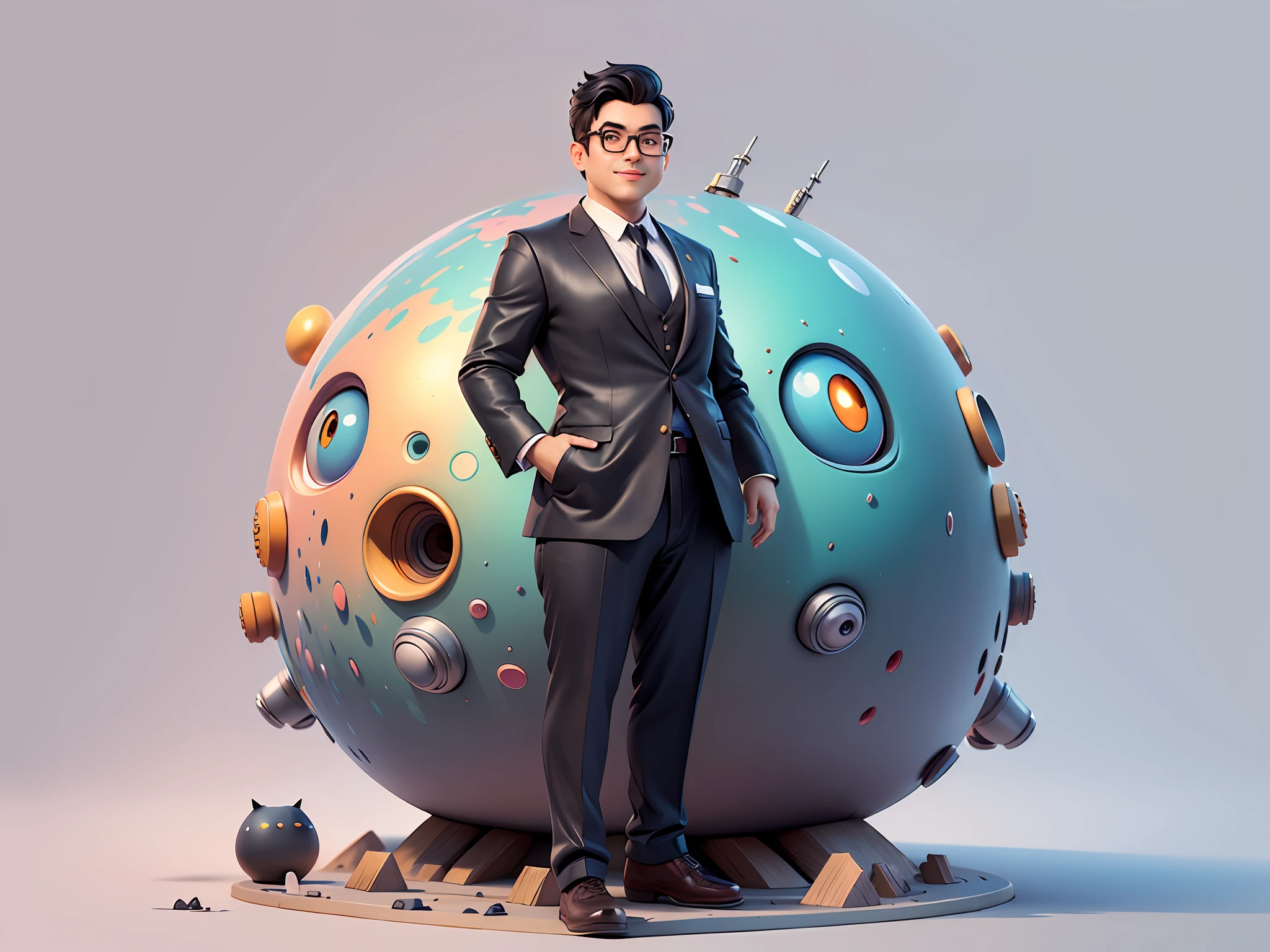 (Masterpiece), (Excellent), (Super Meticulous), (Full Body: 1.2), Super Young Woman, Beautiful, Sexy, Bursting, Oriental Face, TV Anchor, Bust Portrait Illustration, Alone, Black Suit, Blue Tie, Silver Glasses, Slightly Chubby Face, Very Clean Face, No Beard, Black Super Short Hair, Black Eyes, Confident Smile, 3c Computer Sub-Products, iPad, iPhone, Digital Painting, 3D Character Design by Mark Claireldon and Pixar and Hayao Miyazaki, The illustration is a high-definition illustration in 4K resolution with very detailed facial features and cartoon-style visuals.
