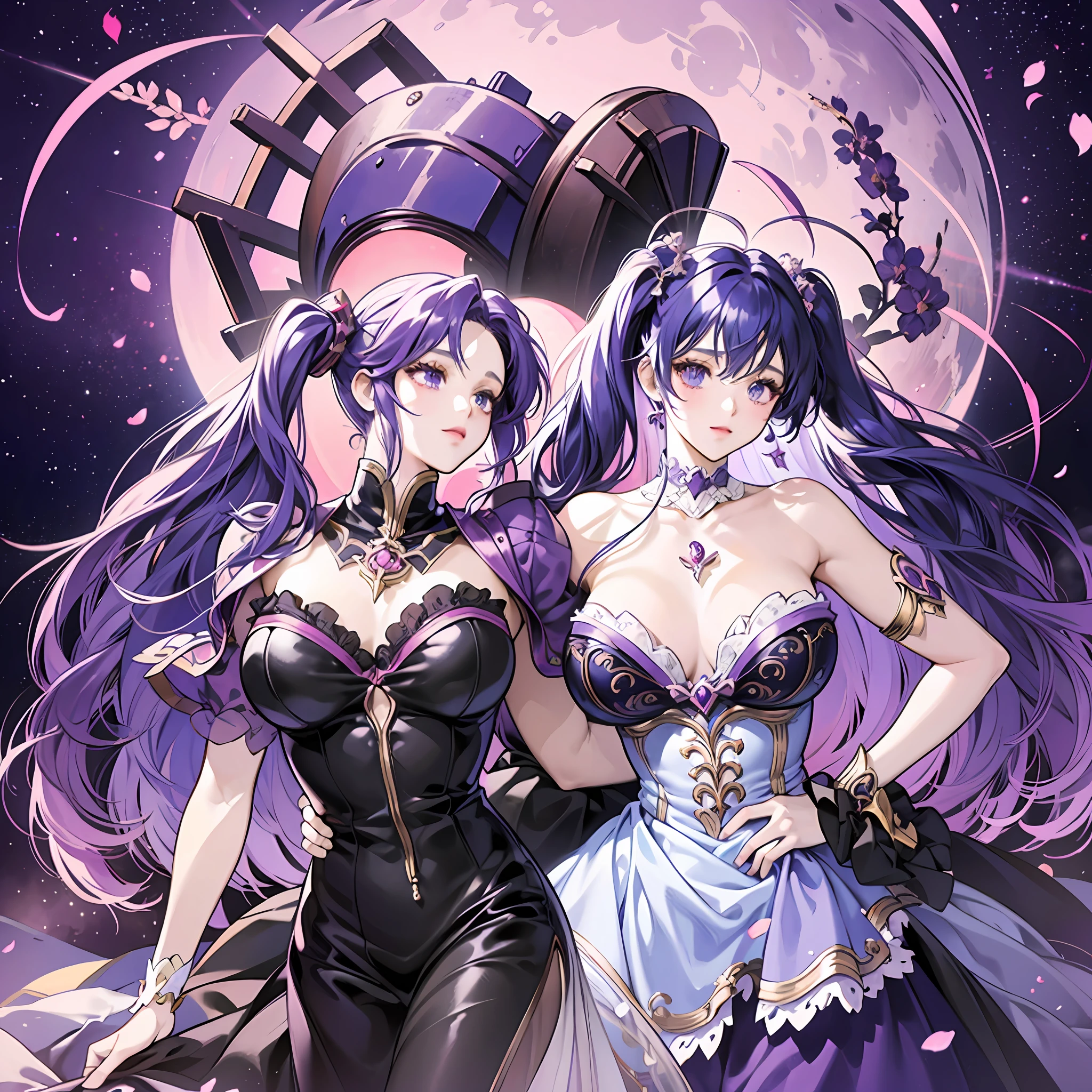 Magical girl, purple and blue hair, anime girl in sexy costume posing in front of full moon, two beautiful anime girls, anime girl, nightcore, anime style 4K, best anime 4K Conachan wallpaper, two pure moons, twin tails, ultra hd anime wallpaper, 4k anime wallpaper --auto --s2