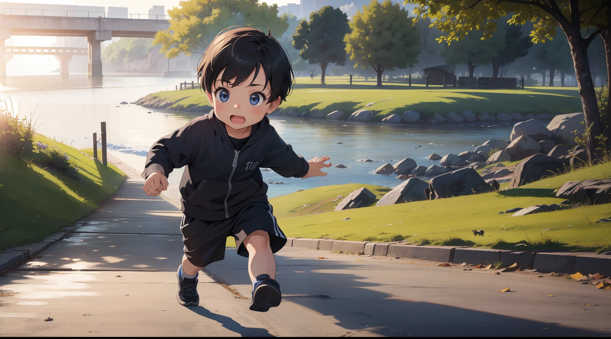 (highest resolution, distinct_image), best quality, masterpiece, very detailed, boy running in the direction of his parents, detailed face