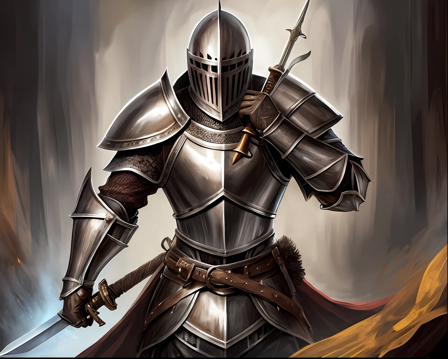 a male knight in dark brown medieval armor, rudder and fontal plate covering his face, but his eyes facing the viewer, with a sword in his hand --auto --s2