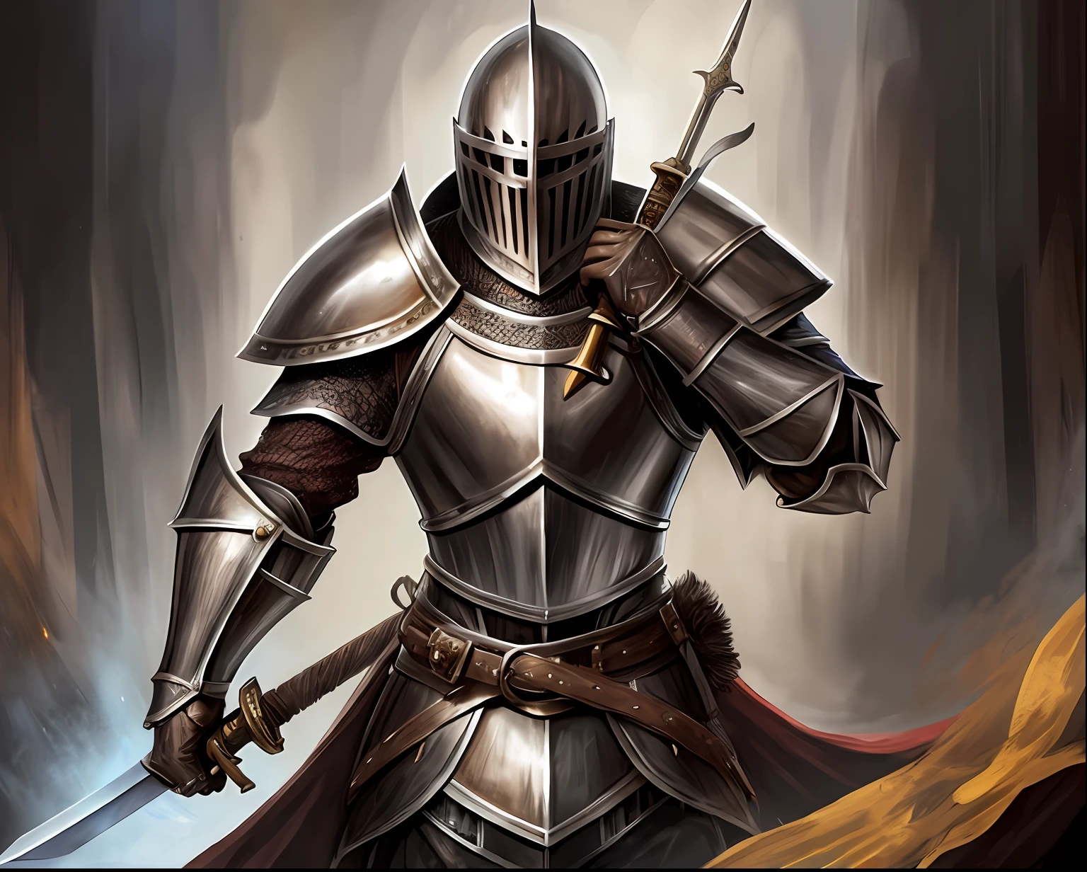 a male knight in dark brown medieval armor, rudder and fontal plate covering his face, but his eyes facing the viewer, with a sword in his hand --auto --s2