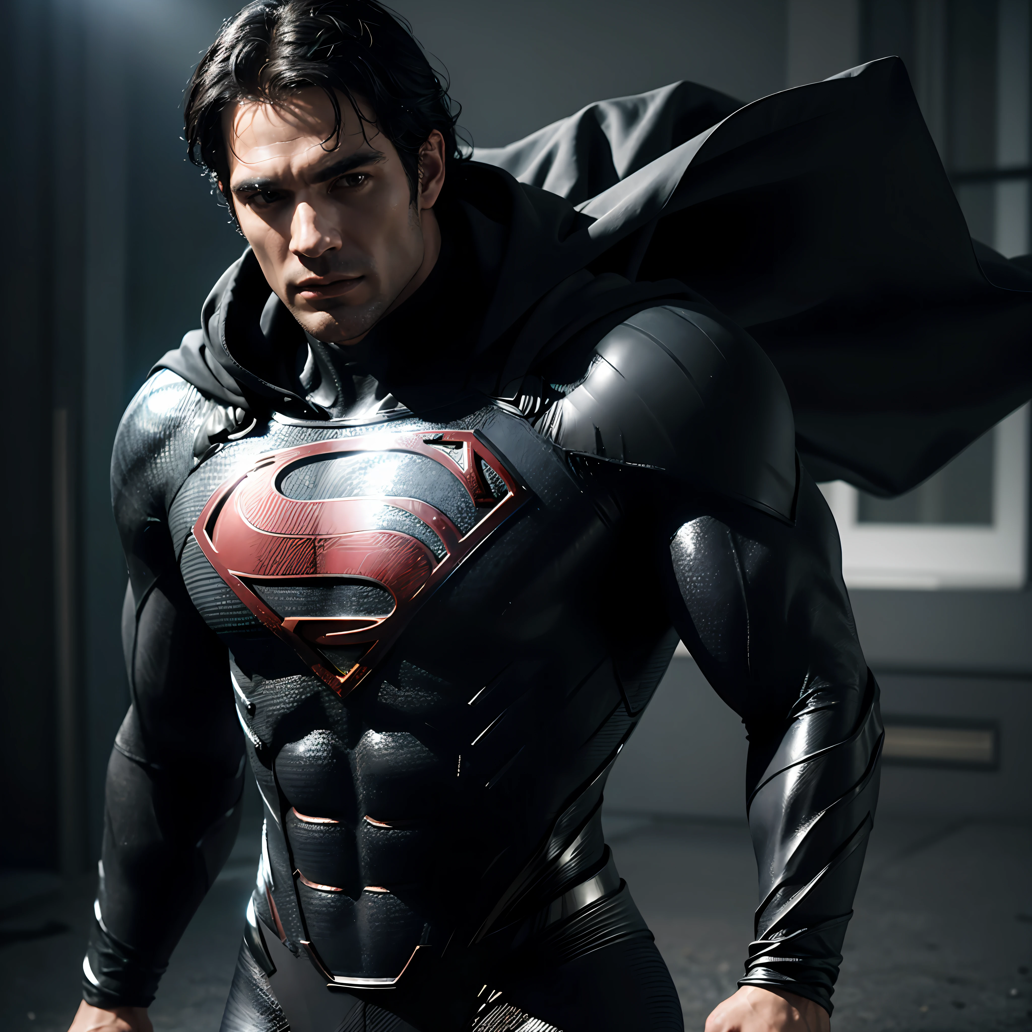 (super resolution, top quality, super realistic) black superman, henry cavill, black suit, black superman, henry cavill, black suit, superman, black, one, black, symbol mark also black, really pitch black