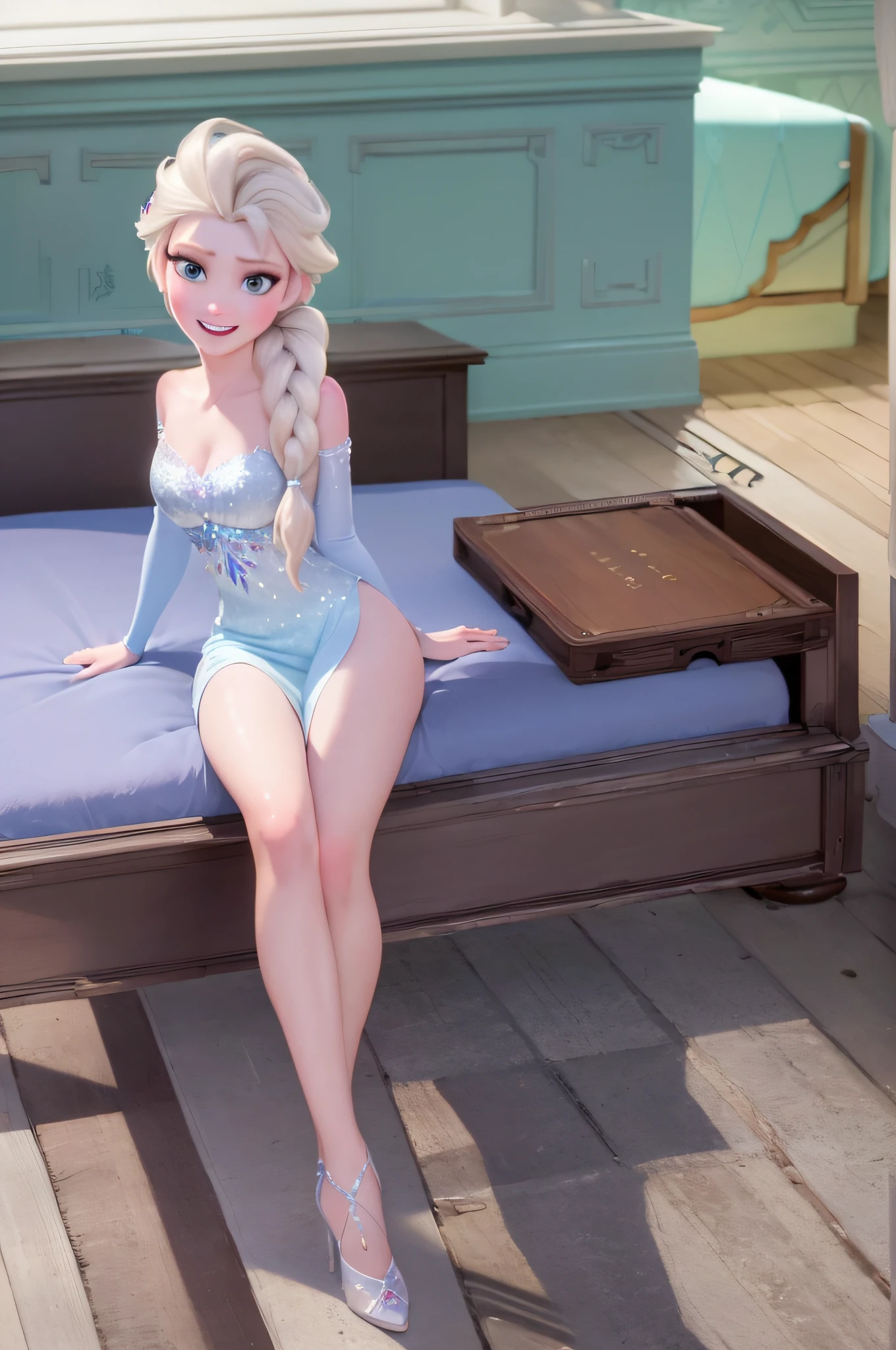 (masterpiece:1.4), (best qualit:1.4), (high resolution:1.4), elsa of arendelle, smile, single braid, bedroom, naked, looking at viewer, stiletto high heels, laying on bed, spread legs