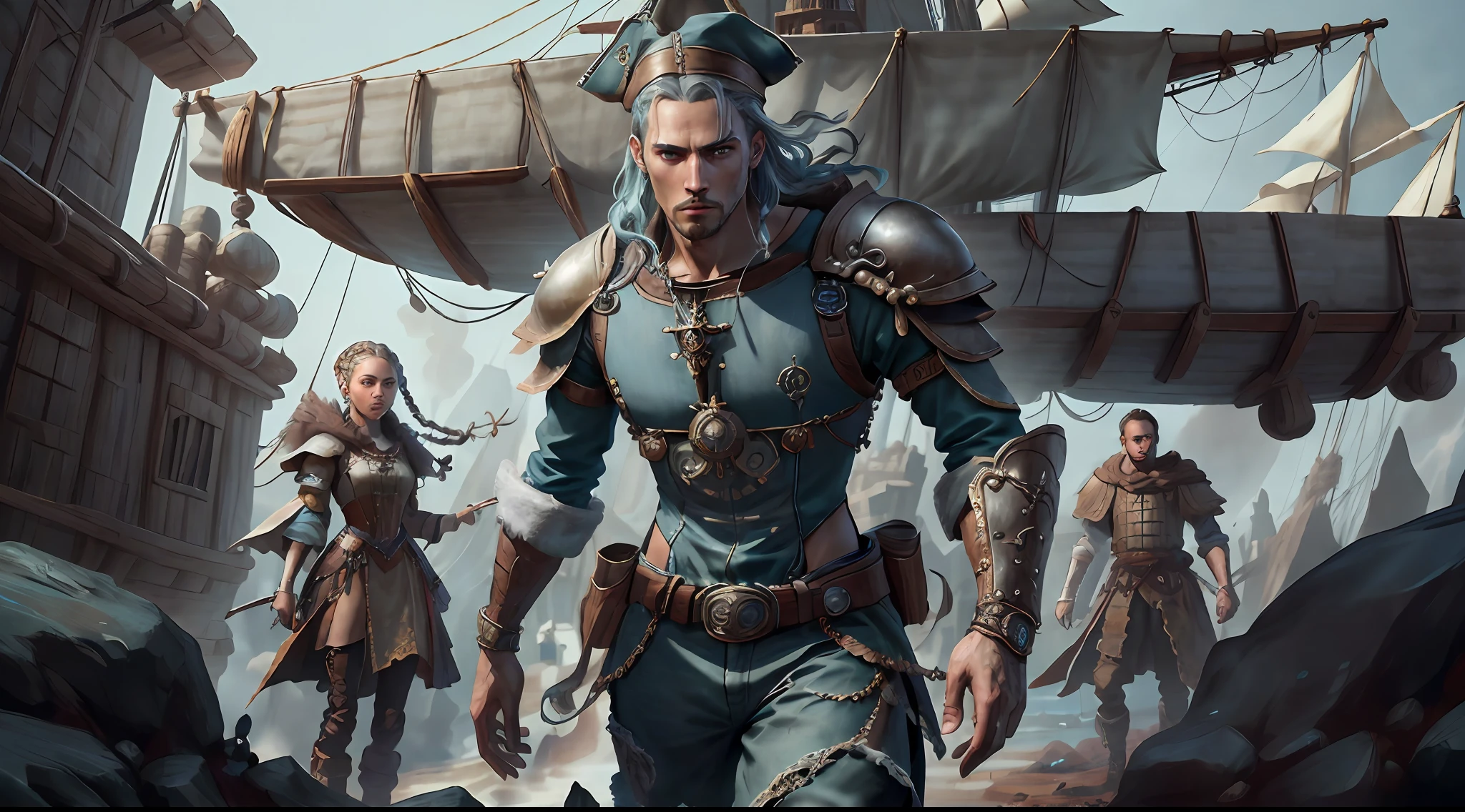 (((Multi-person interaction, with male and female))), (Highly detailed RAW color photo, ridiculous resolution, high resolution, super detailed), ((r 9 6 angles)), blue skin, handsome, fearless and brave expression, mature, thin shoulders, very thin body, black captive dark pirate hat, white dirty braids, vibrant green eyes, (detailed eyes and detailed face), extremely detailed 8k photo, (full body: 0.9), beautiful woman, overboard, offboard background, detailed face, (Medieval Fantasy Theme: 1.3), Light Blue Pirate Theme Armor with Highly Intricate Details, Blue Pants, Ship in the Background, Inside the Ship, Deck of the Ship, Inspired by Dungeons & Dragons, Digital Artwork, Surreal, Photography, Soft Lighting, Soft Detail, Octane, ArtStation Trend, Ultra High Detail, Surreal, Movie, 16k,
