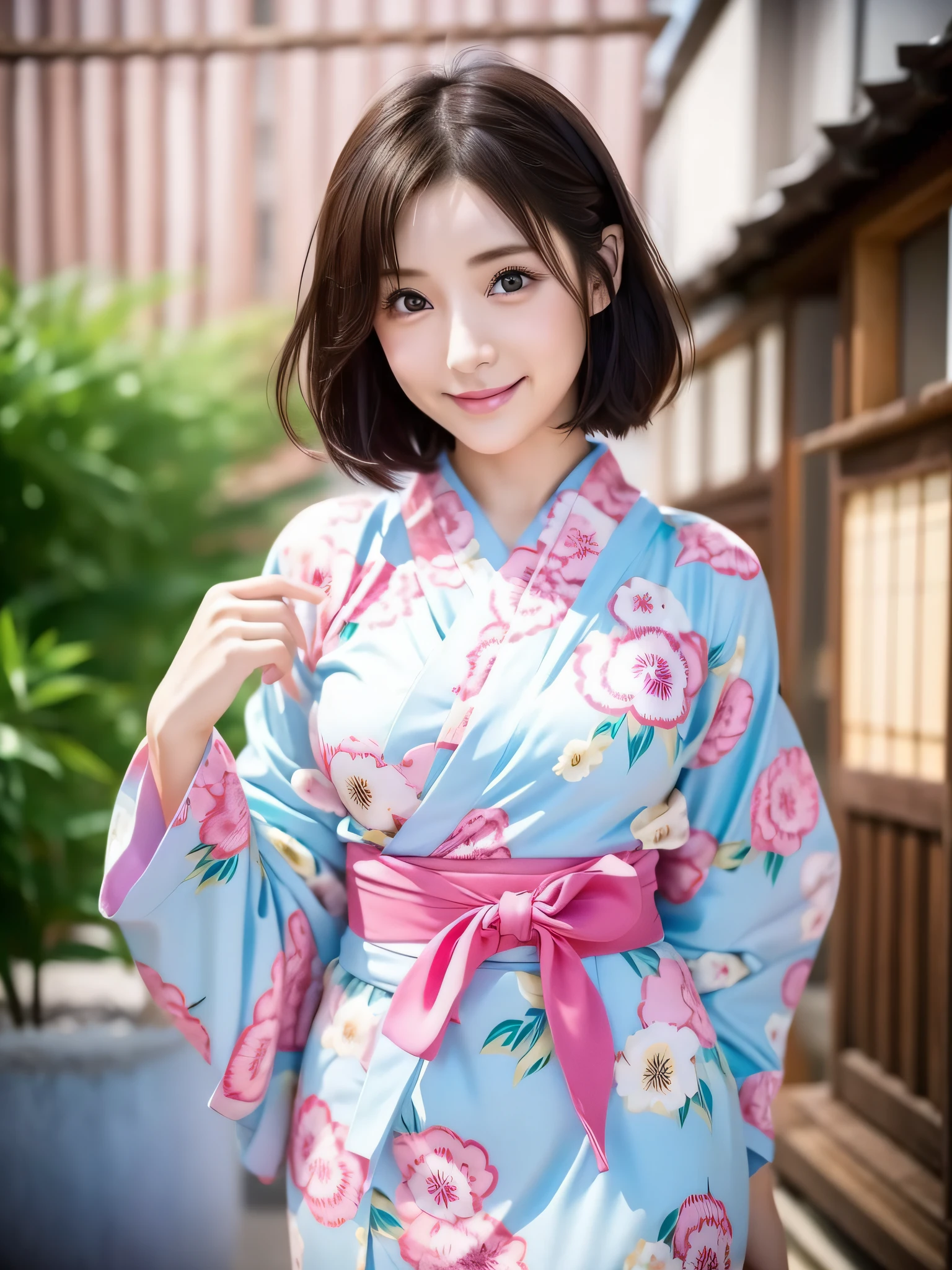 1 girl, solo, (short hair), (big breasts:0.8), thin waist, japanese idol, perfect figure, beautiful eyes double eyelids, pastel color yukata, 26 years old, japanese festival, broad smile, upper body, blow a wind, slim body, hands behind back, night