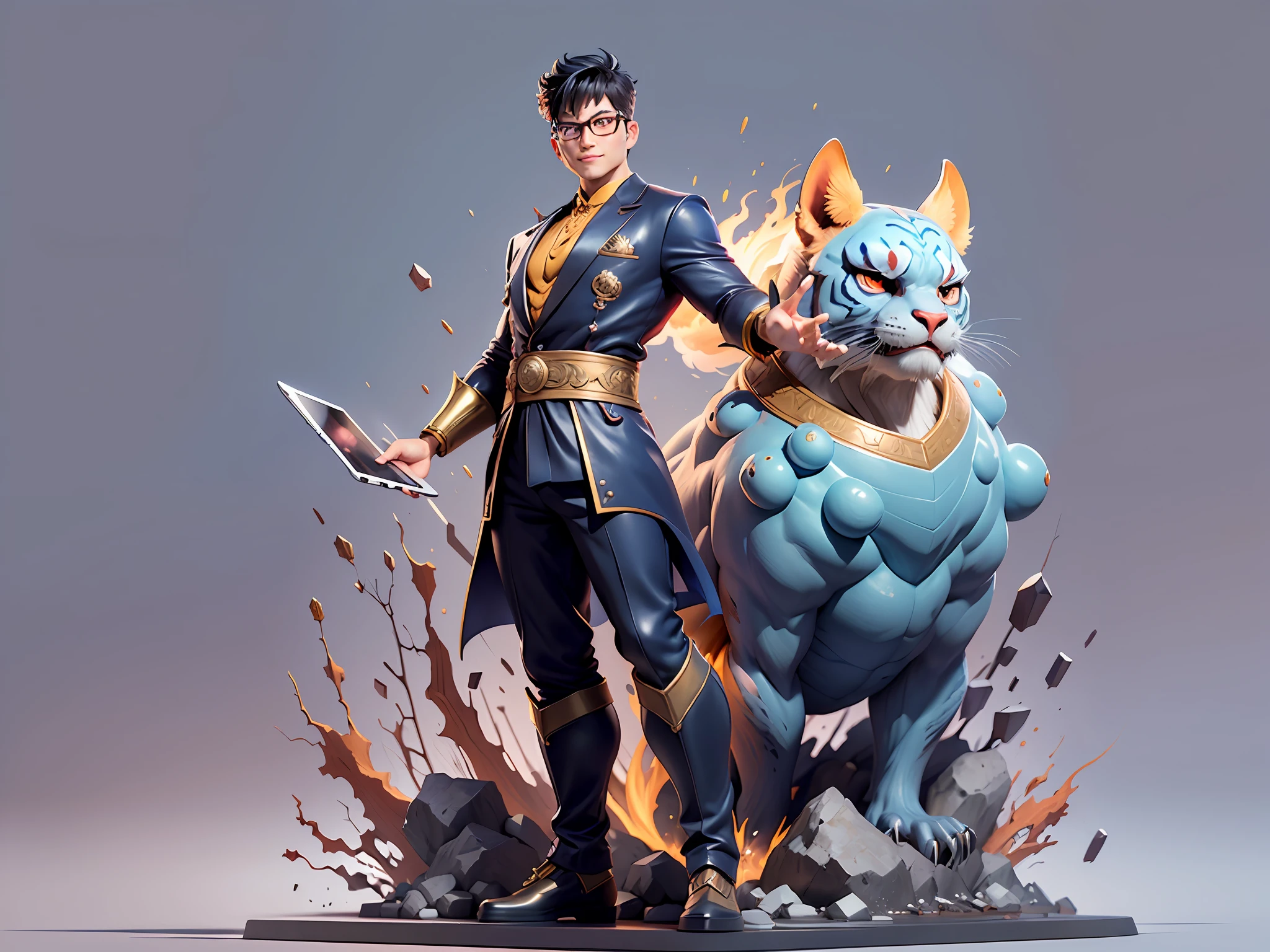 (Masterpiece), (Excellent), (Super Meticulous), (Full Body: 1.2), Super Young Man with Japanese Female Geisha, Pretty, Beautiful, Chinese Dragon, Tiger, Wind God Thor, Sexy, Bursting, Oriental Face, TV Anchor, Bust Portrait Illustration, Black Suit, Blue Tie, Slightly Chubby Face, Silver Glasses, Very Clean Face, No Beard on Chin, Black Super Short Hair, Black Eyes, Confident Smile, 3c Computer Sub-Products, iPad, iPhone, Digital Painting, 3D character design by Mark Clairedon and Pixar and Hayao Miyazaki and Akira Toriyama, the illustrations are HD illustrations in 4K resolution with highly detailed facial features and cartoon-style visuals.