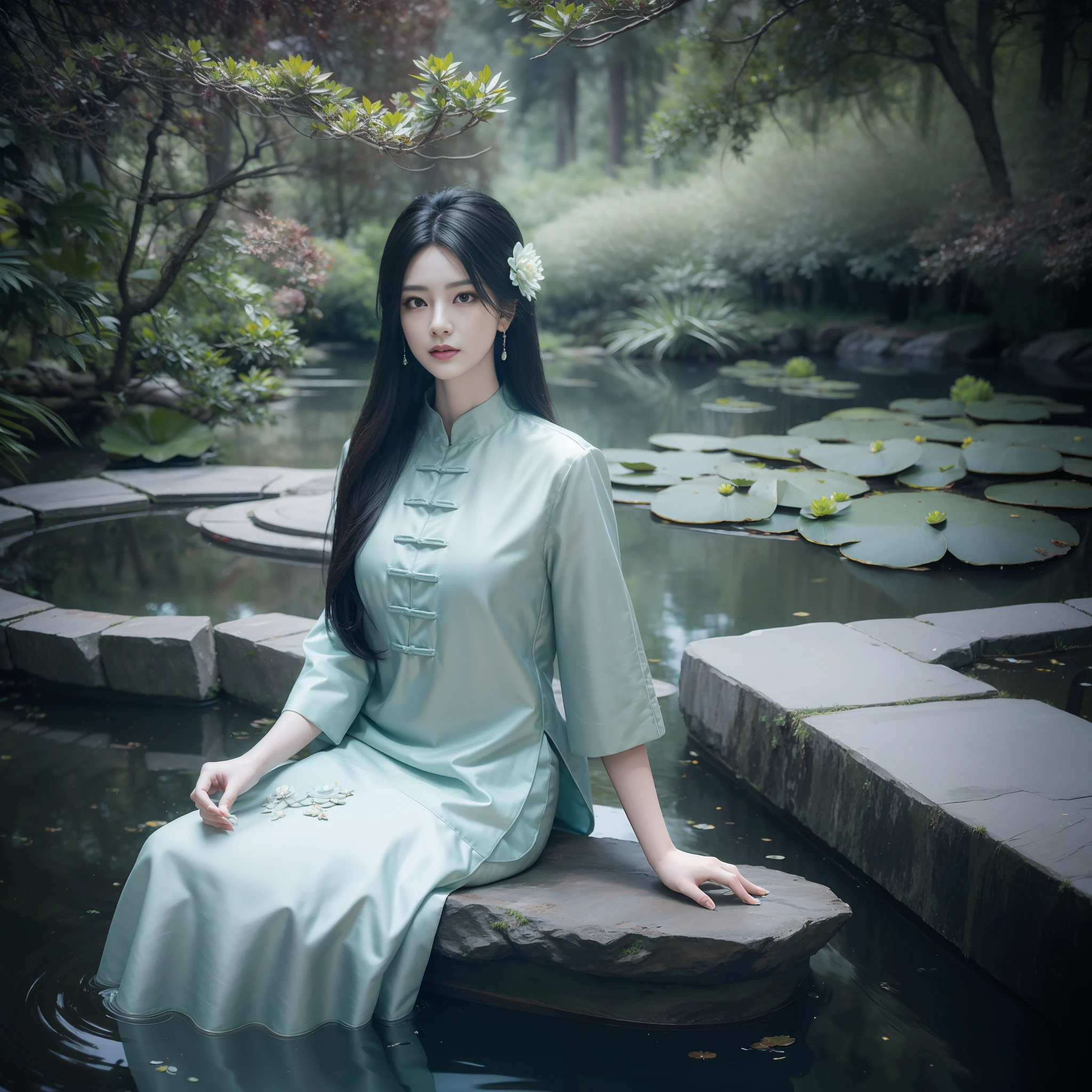 Distant background with ancient Chinese architecture, season for autumn, garden, maple leaf, lake, stone bridge, rockery, arch, corner, tree, forest, flowing water, landscape, outdoor, meadow, rock, water lily, pond, (illustration: 1.0), epic composition, afternoon, realistic natural daylight, HD details, masterpiece, best quality, (very detailed CG unified 8k wallpaper), epic exquisite character art, amazing character art, --v 6