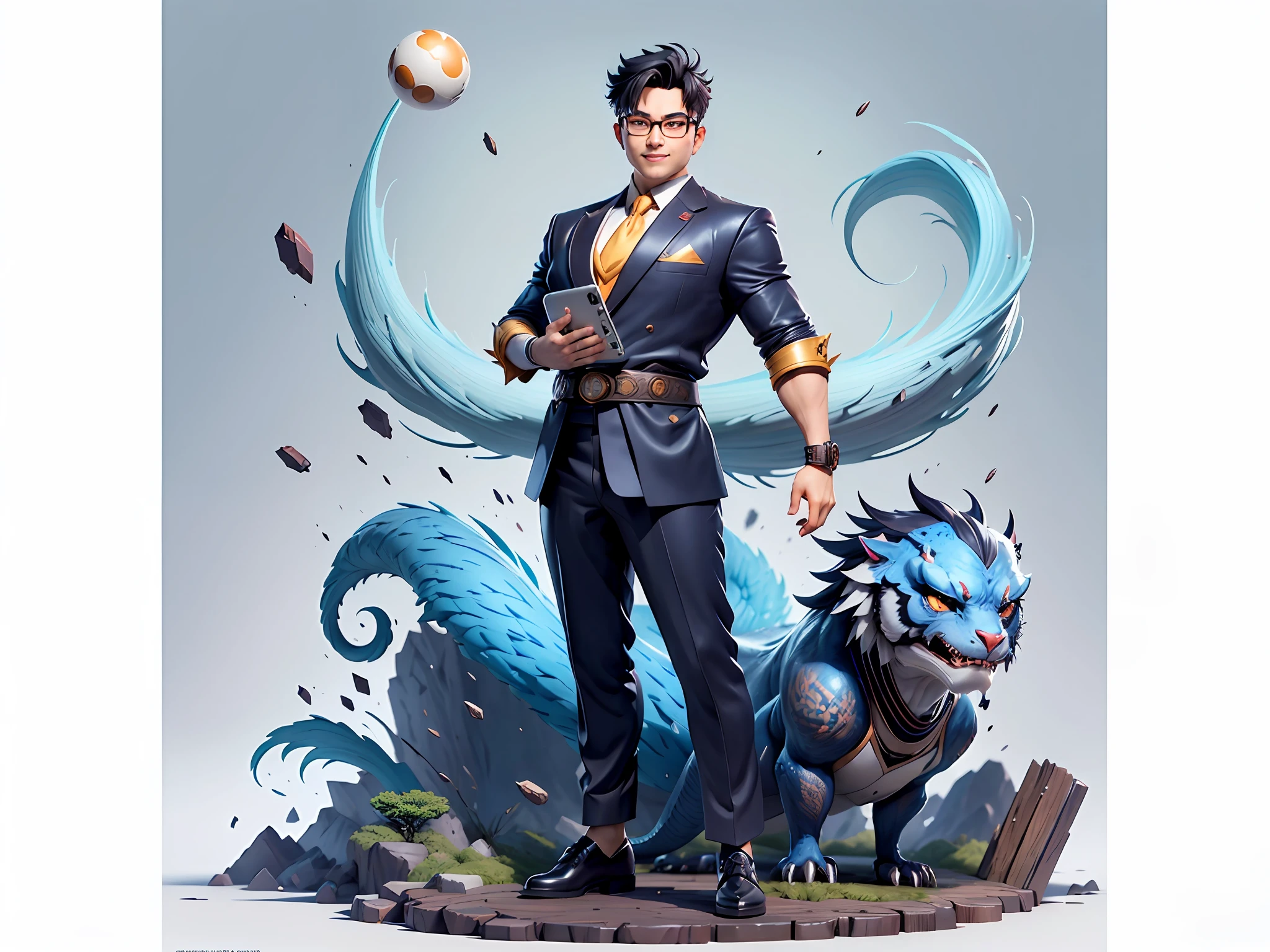 (Masterpiece), (Excellent), (Super Meticulous), (Full Body: 1.2), Super Young Man with Japanese Female Geisha, Pretty, Beautiful, Chinese Dragon, Tiger, Wind God Thor, Sexy, Bursting, Oriental Face, TV Anchor, Bust Portrait Illustration, Black Suit, Blue Tie, Slightly Chubby Face, Silver Glasses, Very Clean Face, No Beard on Chin, Black Super Short Hair, Black Eyes, Confident Smile, 3c Computer Sub-Products, iPad, iPhone, Digital Painting, 3D character design by Mark Clairedon and Pixar and Hayao Miyazaki and Akira Toriyama, the illustrations are HD illustrations in 4K resolution with highly detailed facial features and cartoon-style visuals.
